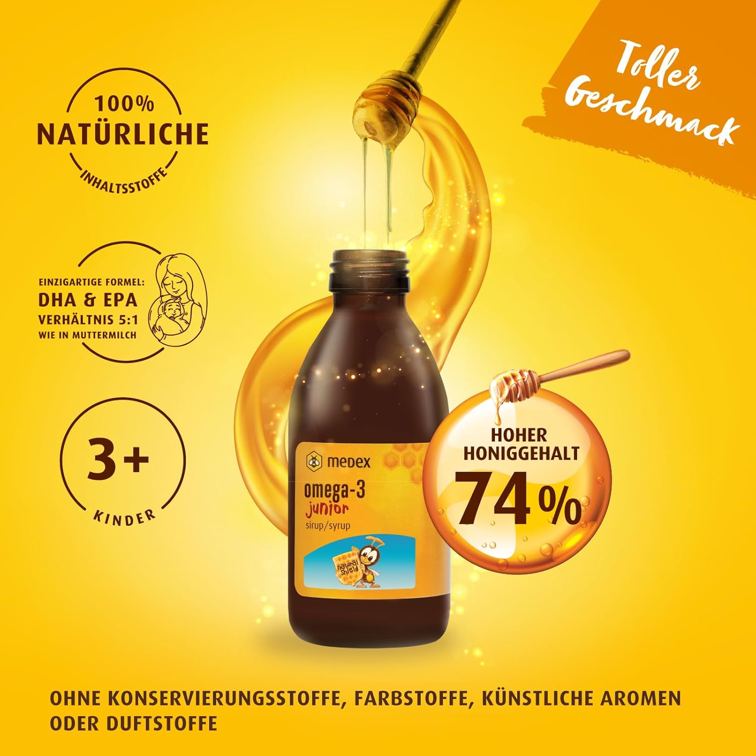 Thumbnail 2 de Medex Omega 3 Kinder Junior Sirup auf Honigbasis – DHA 250 mg, EPA 50 mg, ab 3 Jahren