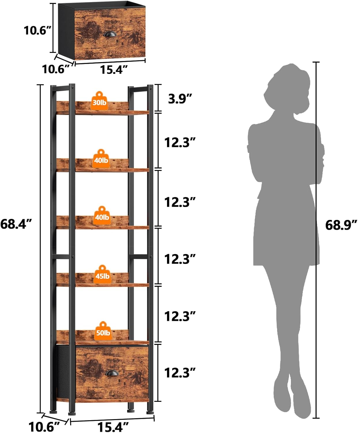 Detalle de Furologee BS006-6T 6-Tier Bookshelf with Drawer, Rustic Brown
