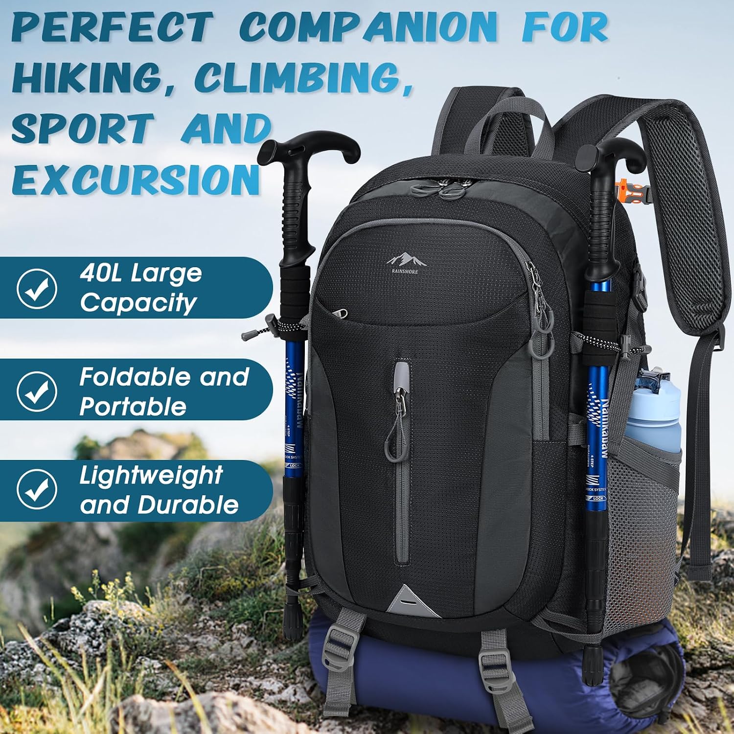 Thumbnail 4 de RAINSMORE Hiking Backpack 40L lightweight packable daypack