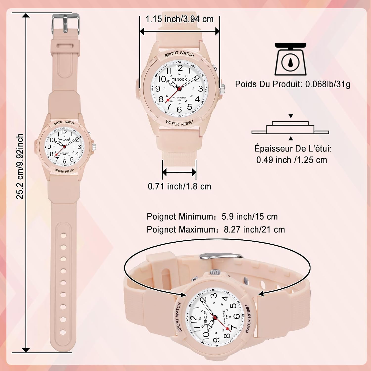 Thumbnail 5 de TENOCK Montre de sport analogique à quartz pour femmes – Étanche 50 M avec veilleuse