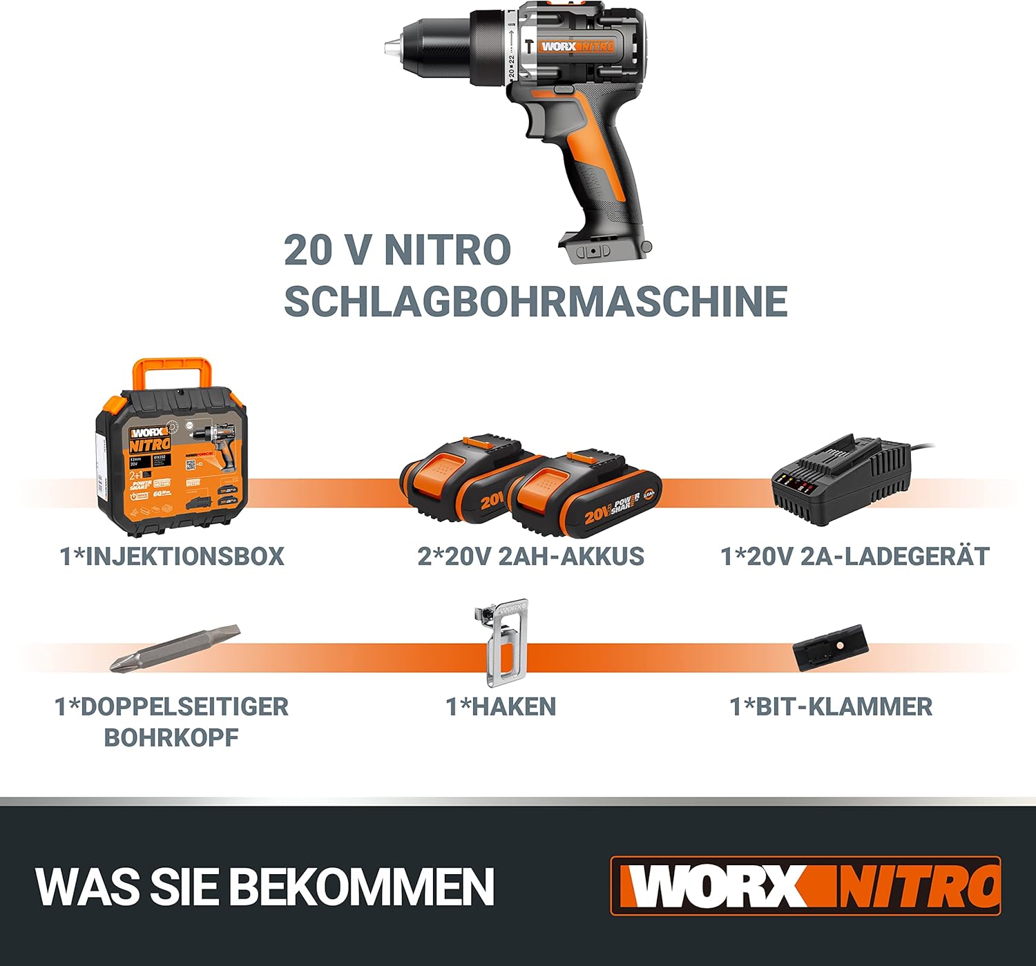 Thumbnail 4 de WORX NITRO WX352 Akku-Schlagbohrschrauber Set 20V – bürstenlos, 60 Nm, 2-Gang, inkl. 2x20V 2Ah Akkus & Schnellladegerät