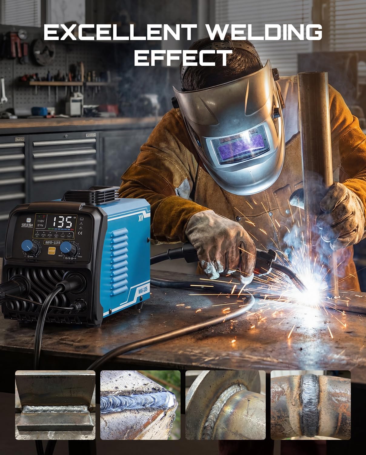 Detalle 2 de SEESII 135A MIG Welder (110V) — 3-in-1 Gasless Flux Core, Lift TIG, and Stick Welding Machine