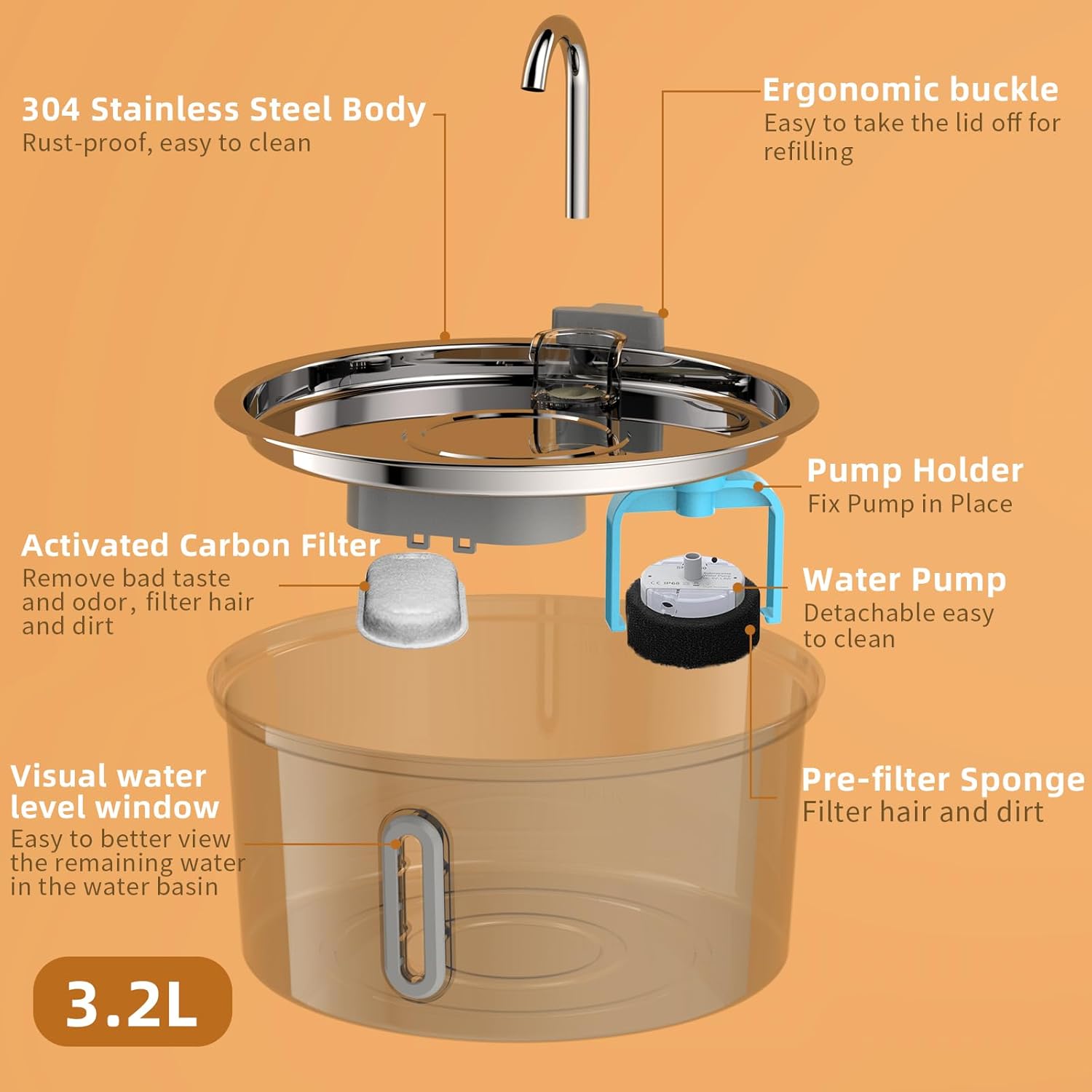 Thumbnail 6 de tomxcute TOMXCUTE 3.2L Stainless Steel Cat Water Fountain with Visible Water Level