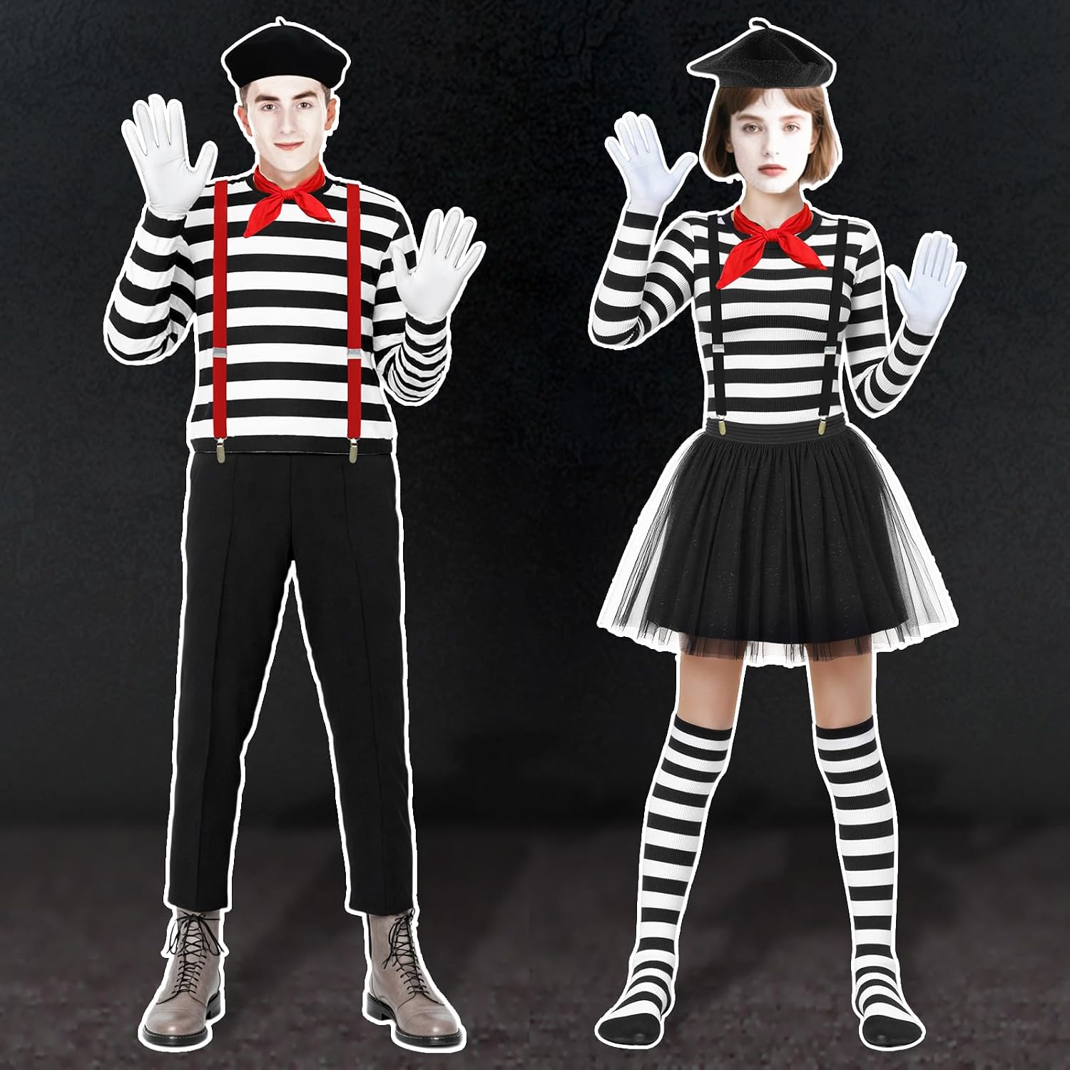 Detalle de Men's 5-Piece French Mime Costume with Striped Shirt and Accessories