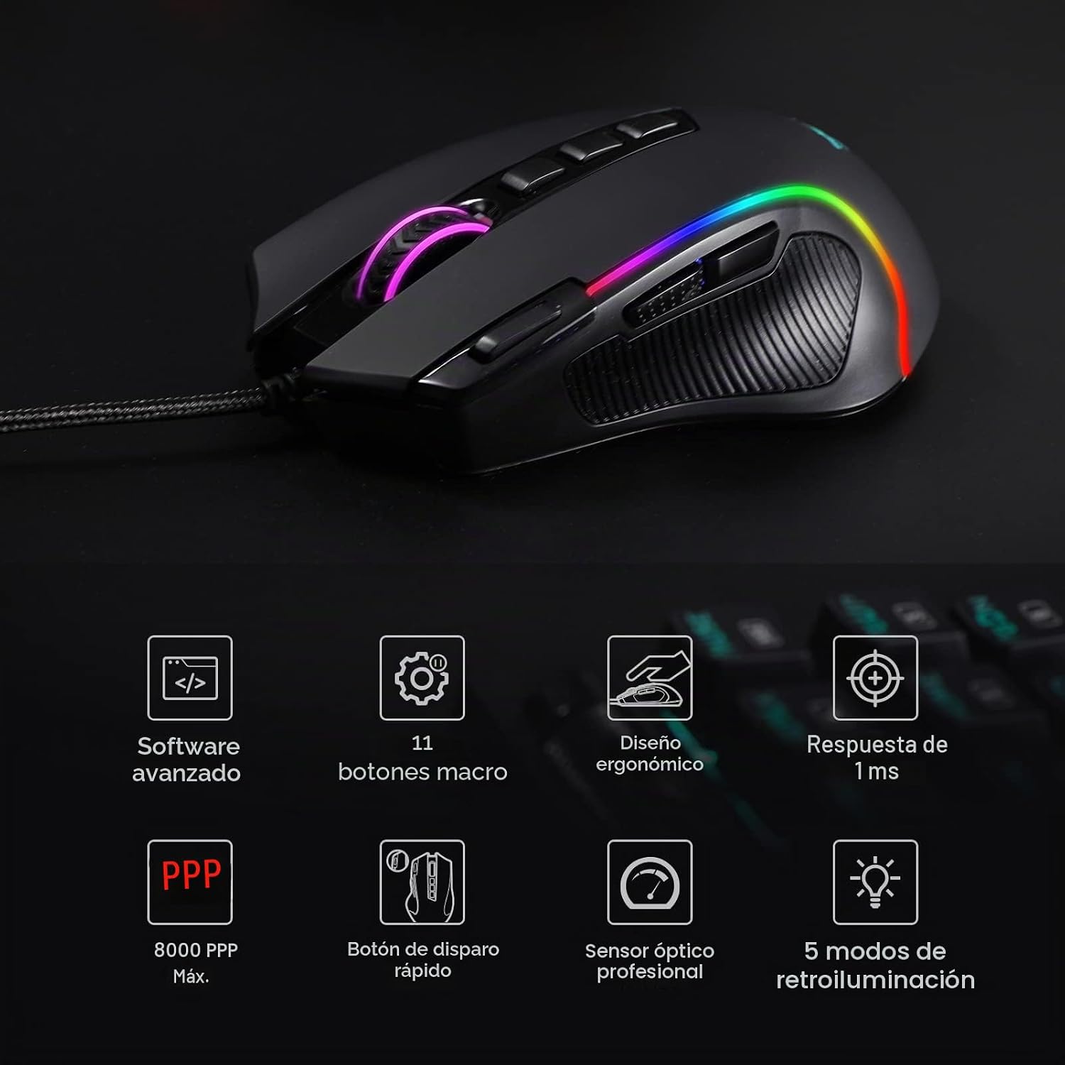 Detalle de Redragon M612 Predator RGB: ratón óptico con cable, 8000 dpi y 11 botones programables