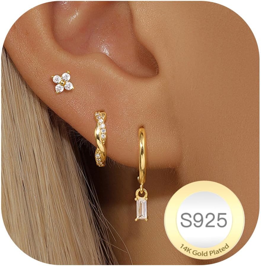 Thumbnail 6 de Halora Silver Earrings for Women: 8 Styles in 3-Pair Sets – 925 Sterling Silver Hypoallergenic Studs & Hoops