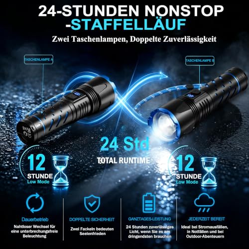Detalle 2 de Voylite Taschenlampen-2er-Set: 1.000.000 Lumen Extremhell mit Zoom, USB-Aufladung, IPX7, LCD & Wärmeableitung