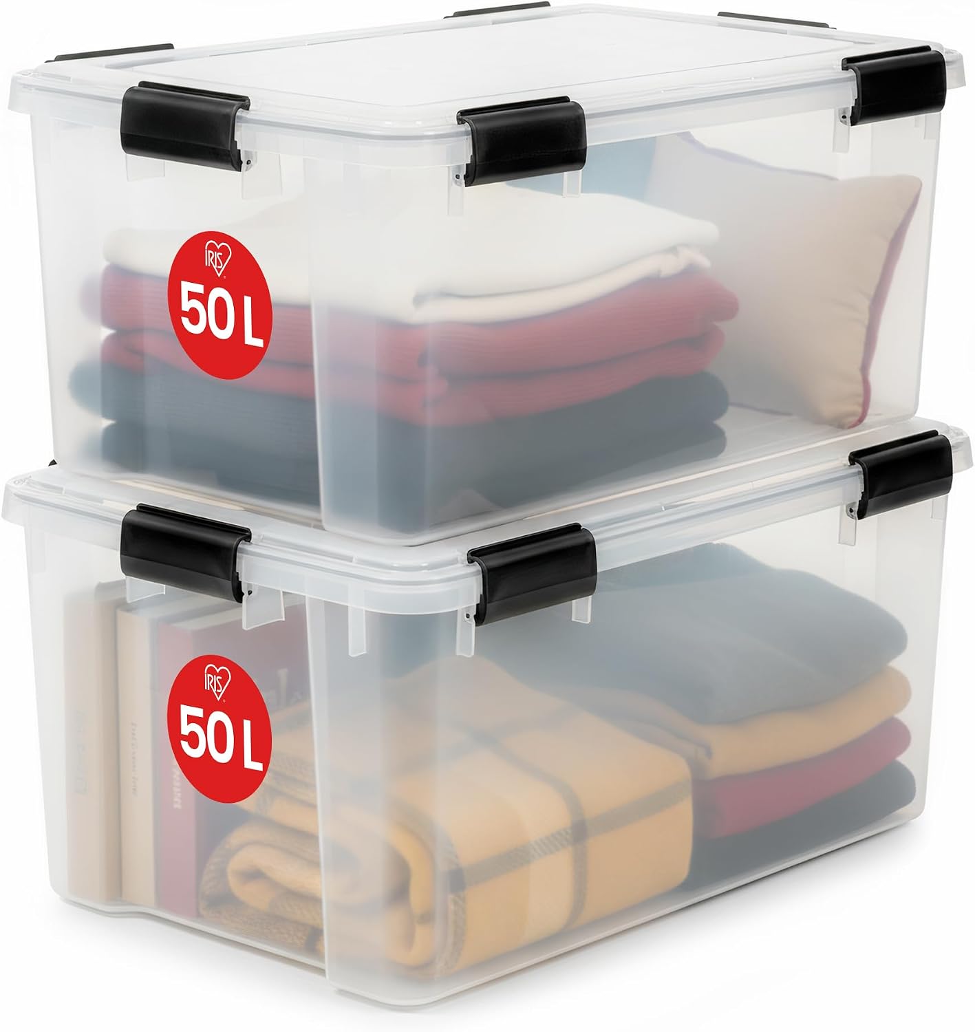 Detalle de Iris Ohyama Scatole Portaoggetti Ermetiche 50 L - set da 2, trasparenti, richiudibili e impilabili