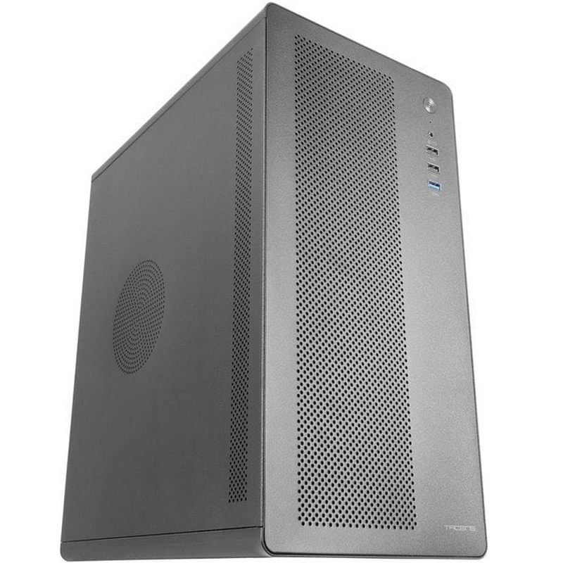 Detalle de Tacens AEROM: caja PC Micro-ATX metálica con rejilla frontal y ventilador trasero de 120 mm