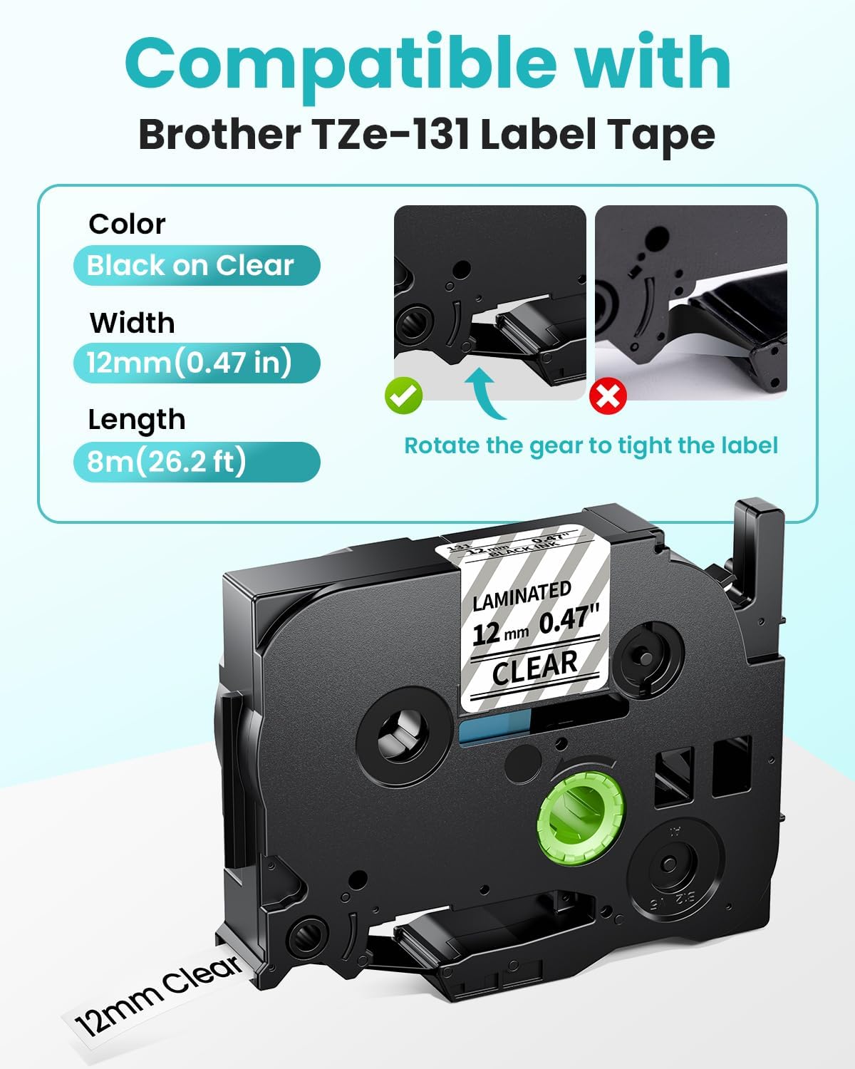 Detalle 2 de MarkField 4x TZe-131 Clear Schriftband 12 mm – Schwarz auf transparent, kompatibel mit Brother P‑Touch