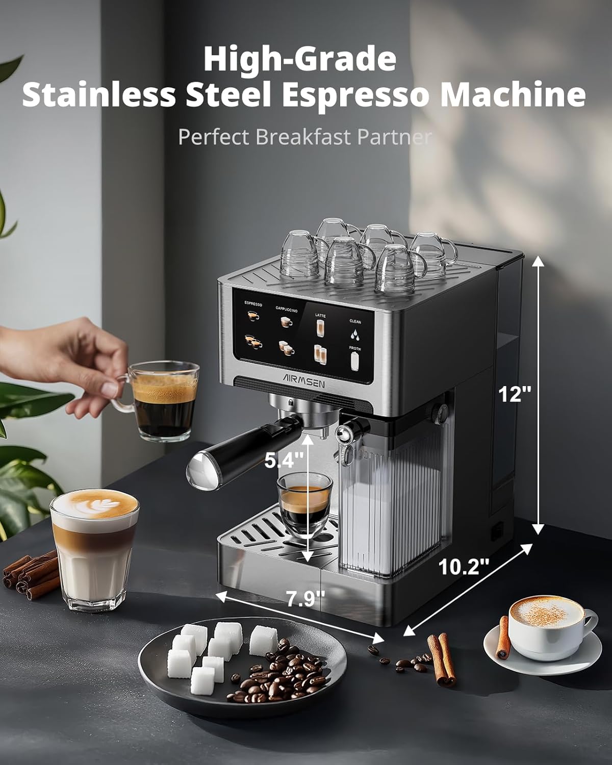 Detalle de AIRMSEN 20 Bar Espresso Machine with Automatic Milk Frother: Dual Boiler Convenience in Stainless Steel