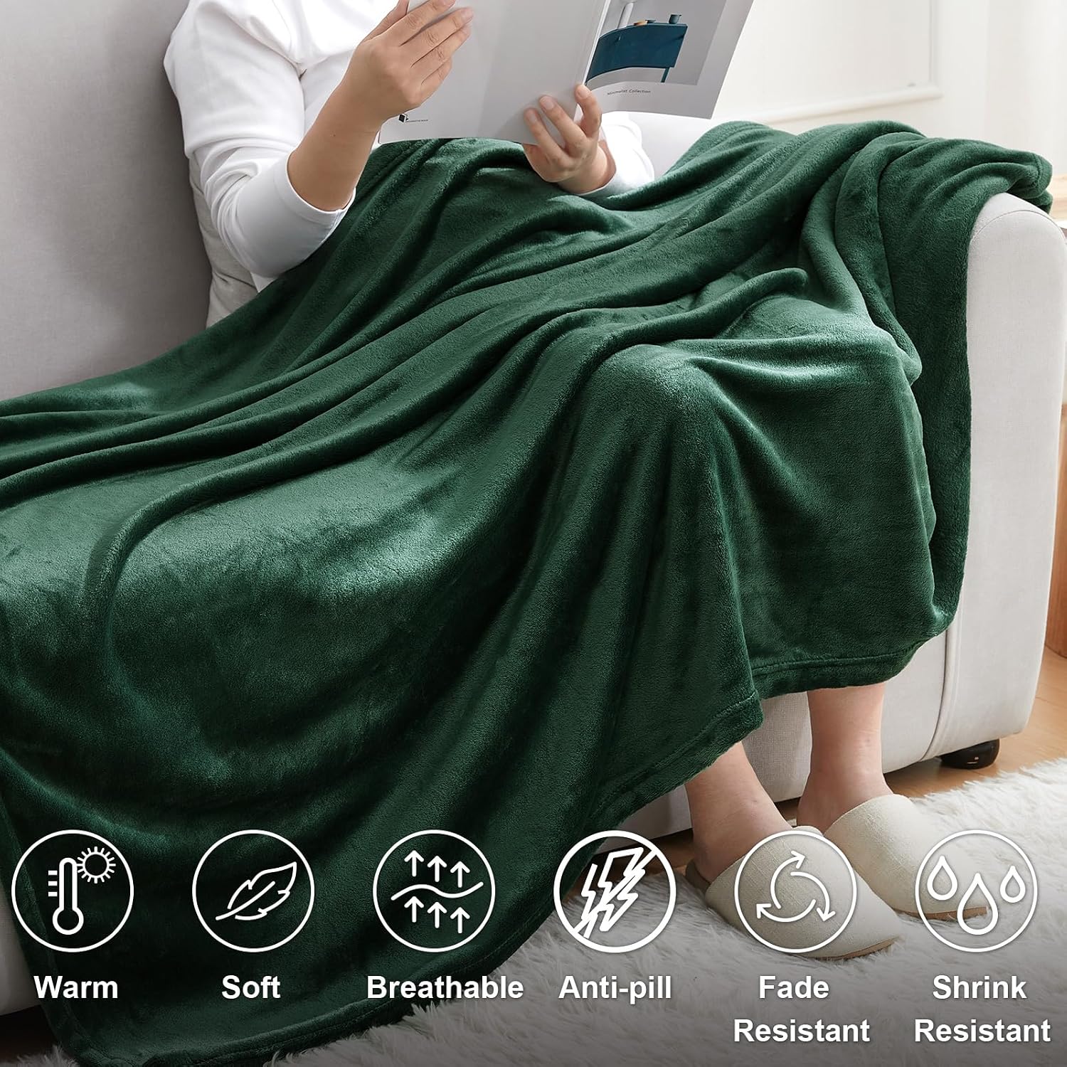 Detalle 1 de EHEYCIGA Dark Green Fleece Blanket Throw (150x200cm) – Fluffy Microfibre Polyester for Sofa, Bed & Armchairs
