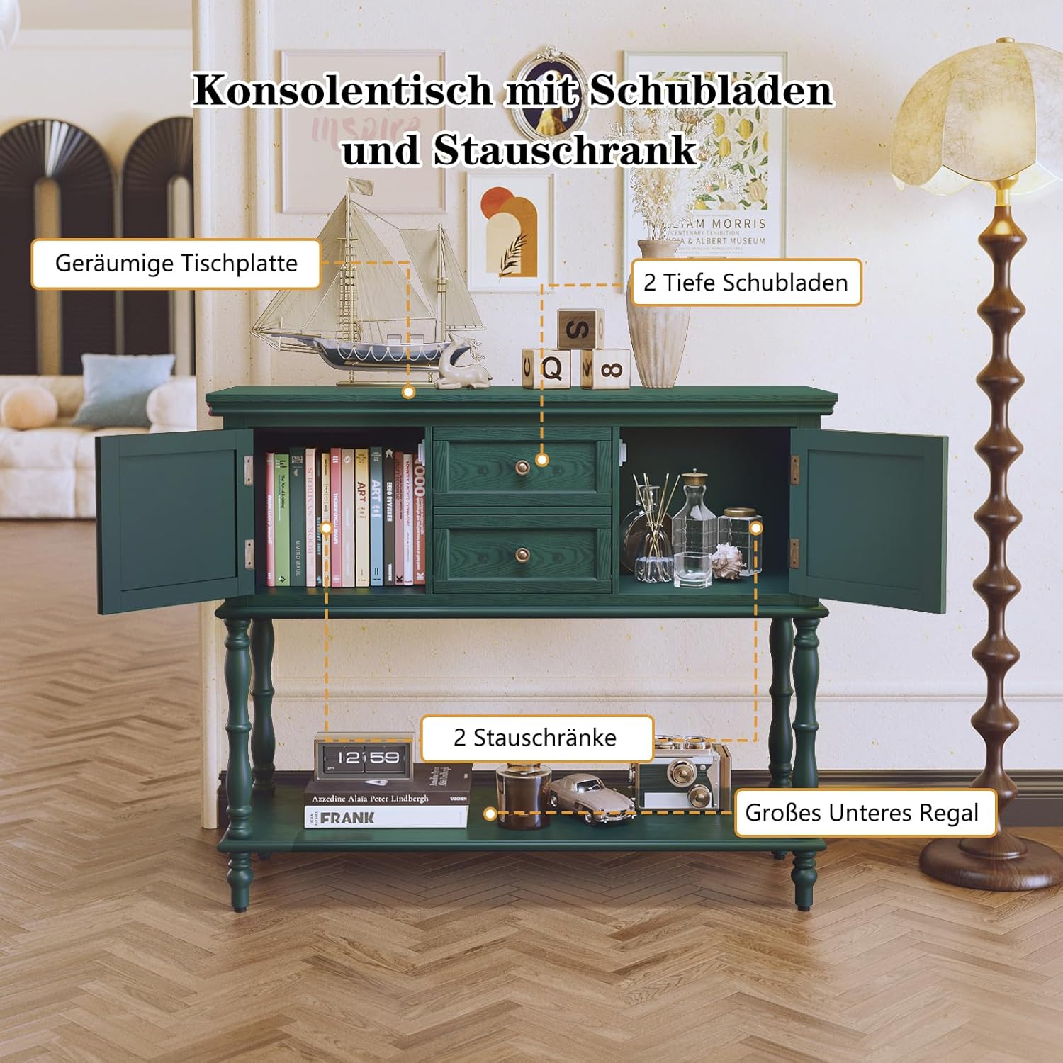 Detalle de MROJISC Tavolo consolle con cassetti e armadietto in legno verde, stile retro e neoclassico