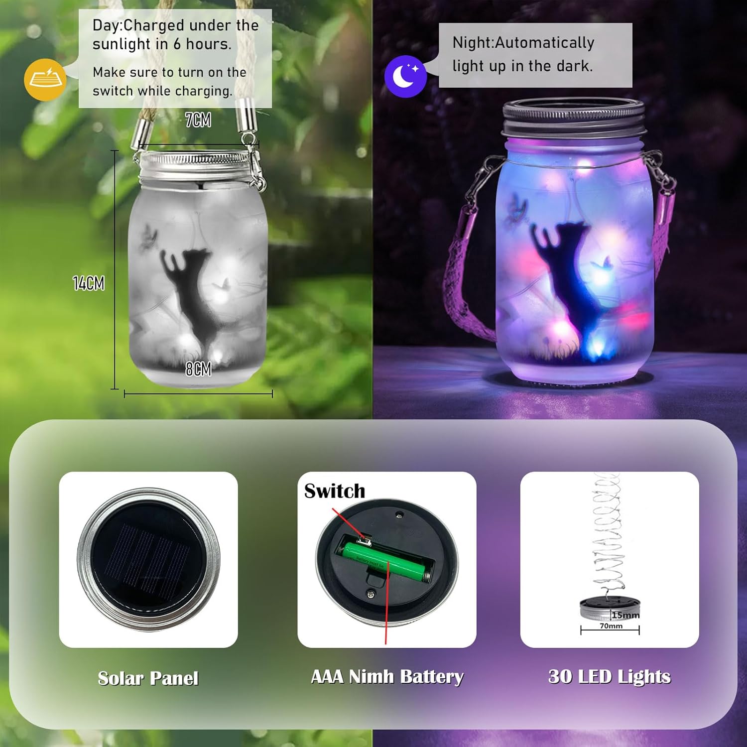 Thumbnail 4 de MLOQI 2 Pack Solar Lanterns with Cat Silhouette – Outdoor Mason Jar Lights