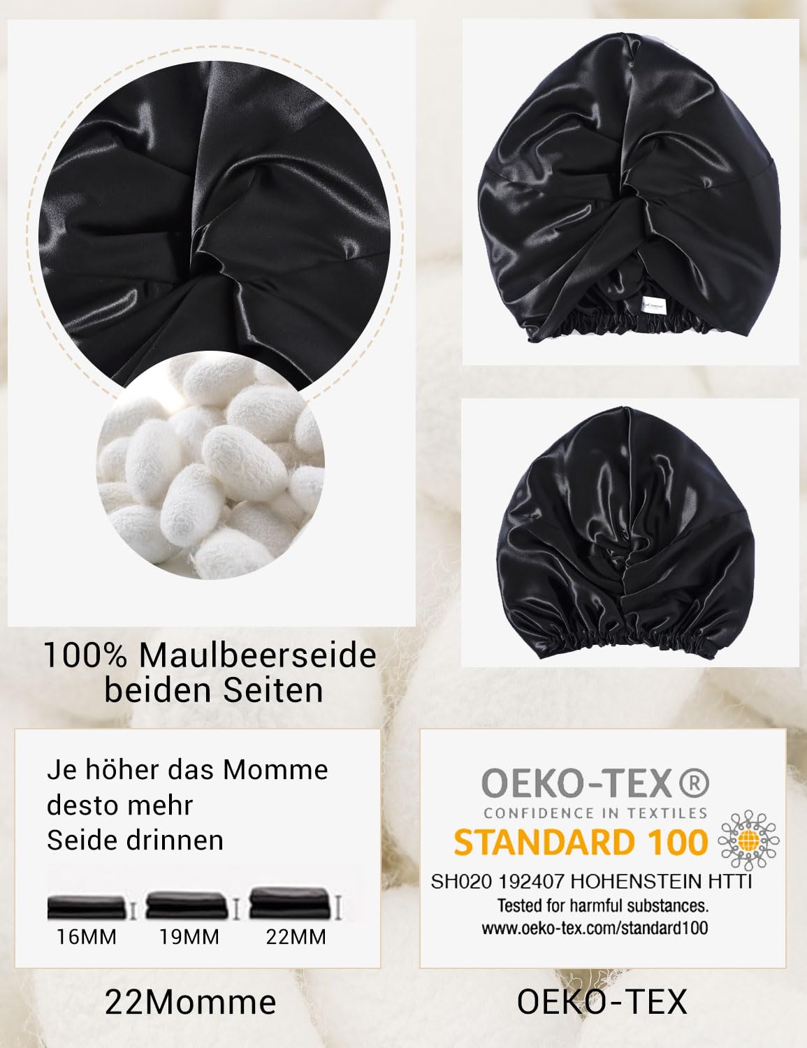 Detalle 2 de LaCourse rutschfeste, verstellbare Seidenhaube (22 Momme, 100% Maulbeerseide) zum Schlafen – Schwarz