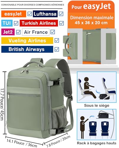 Detalle de KLOSTAIN Sac à Dos Voyage Cabine Avion 45x36x20 cm – 30 L, 15.6 pouces, Vert