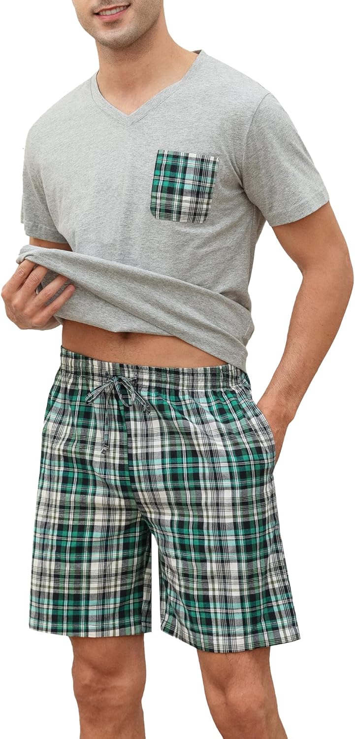 Thumbnail 1 de Winovia Schlafanzug Herren Kurz Pyjama Set aus 100% Baumwolle – V-Ausschnitt Shirt & kariertes Shorty Set für Sommer