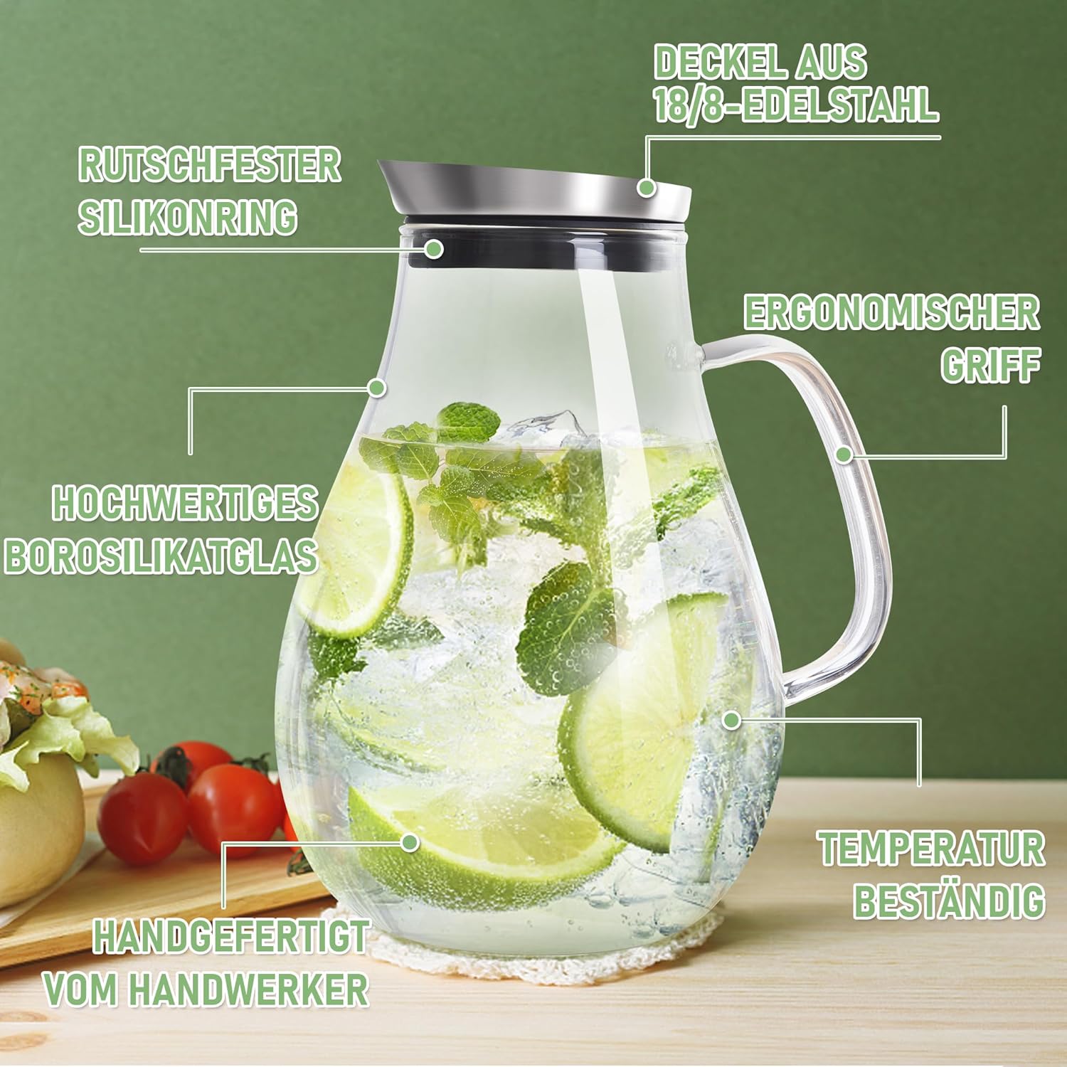 Thumbnail 2 de SUSTEAS 2-Liter Glas-Karaffe mit Deckel und Auslauf (Borosilikat, SUS304) – für Wasser, Eistee & mehr