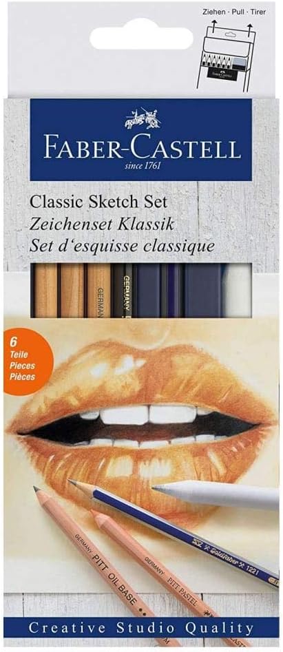 Detalle de Faber-Castell 114006 – Set de dessin Goldfaber Charcoal, 8 pièces (charbon, taille-crayon, essuie-papier et gomme)