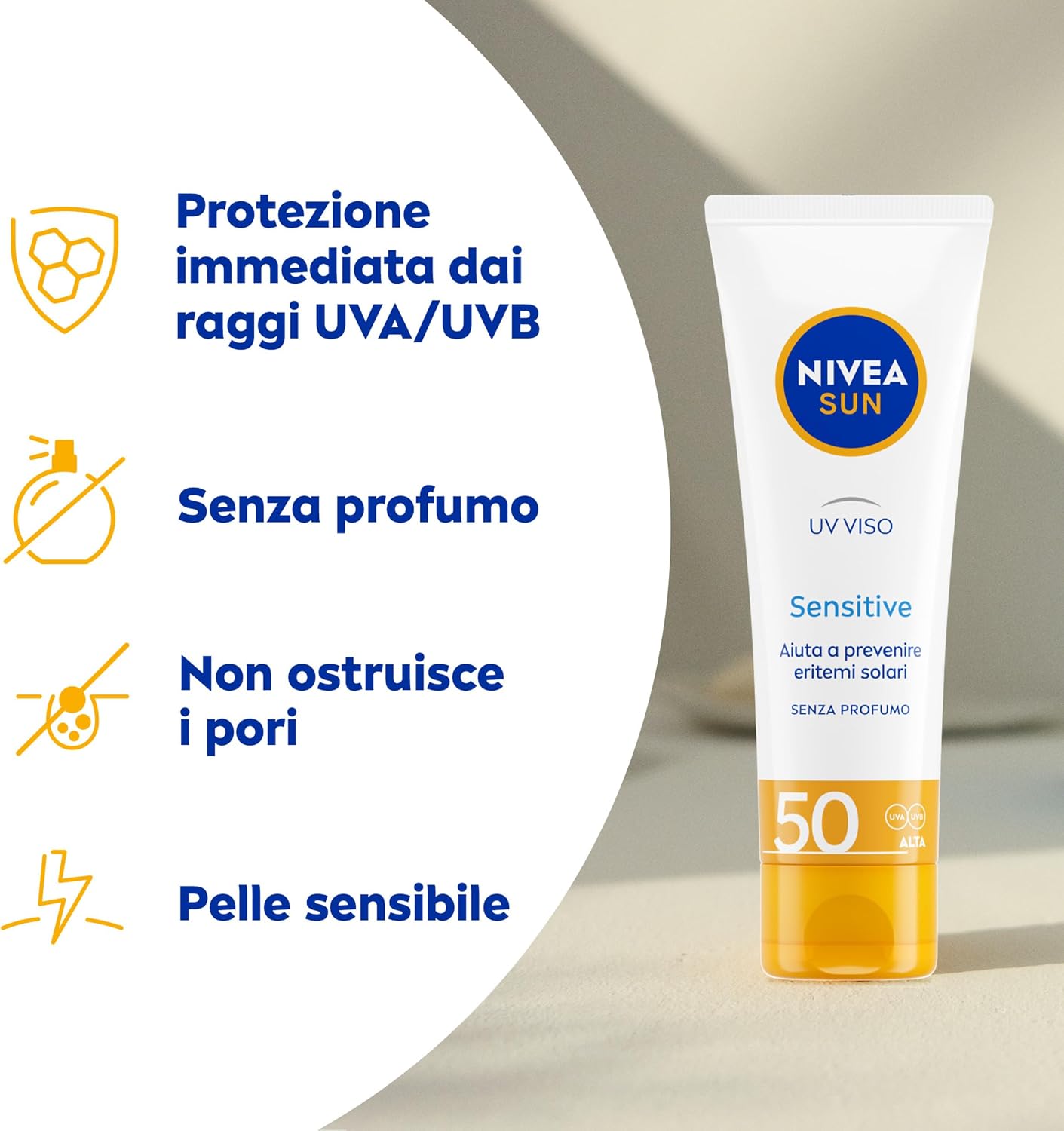 Detalle 2 de NIVEA SUN Crema UV Viso Sensitive SPF50 (50 ml) per pelli sensibili