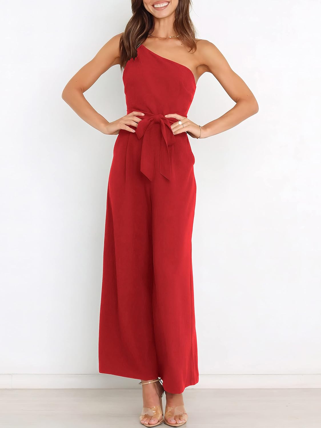 Thumbnail 3 de ANRABESS One-Shoulder Sleeveless Jumpsuit Romper with Tie-Waist & Hidden Pockets (Women’s)