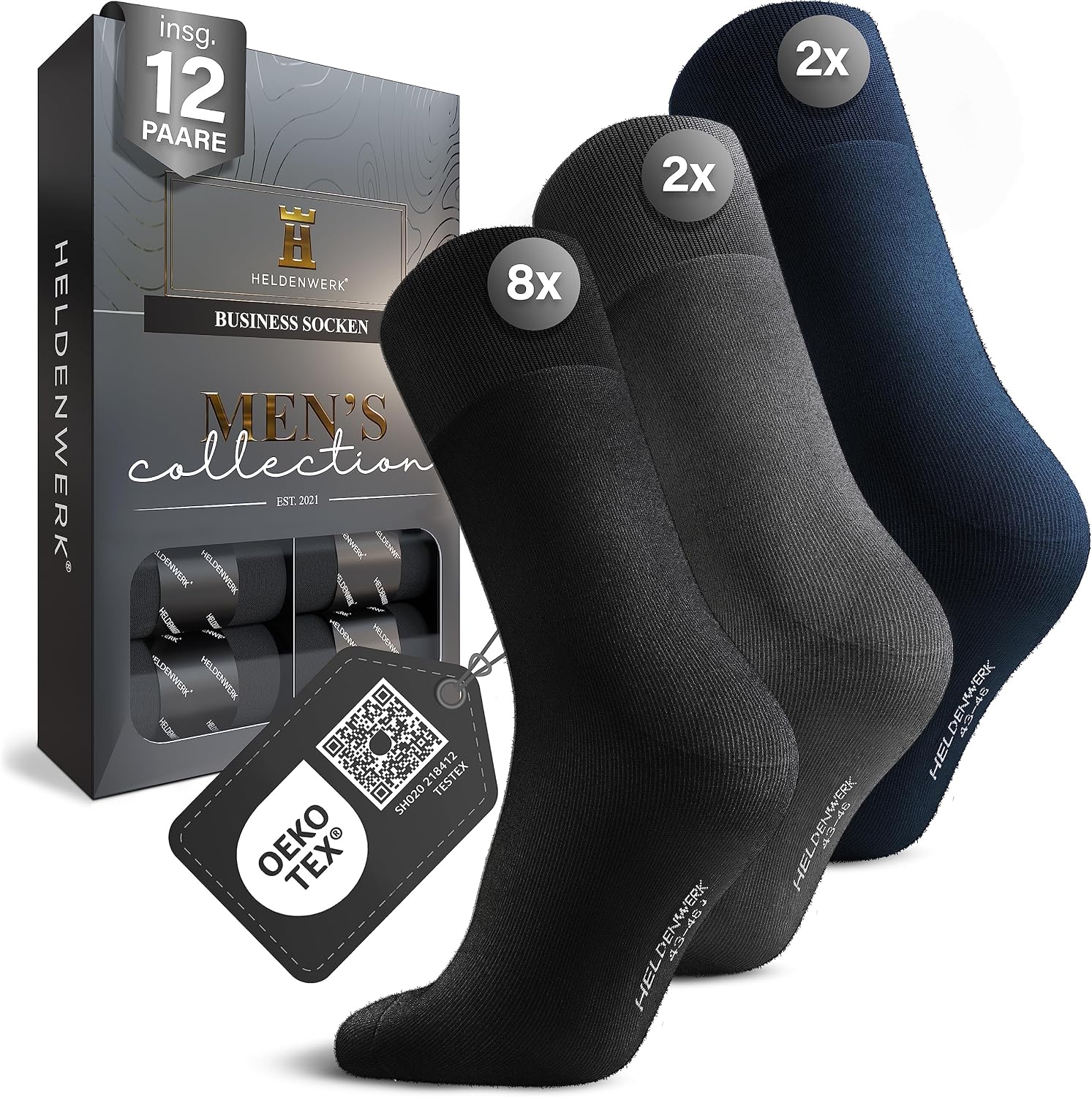Detalle de HELDENWERK 12er Pack Herren-Business-Socken (atmungsaktive Baumwolle, ohne drückende Naht) – 8× schwarz, 2× grau, 2× navyblau