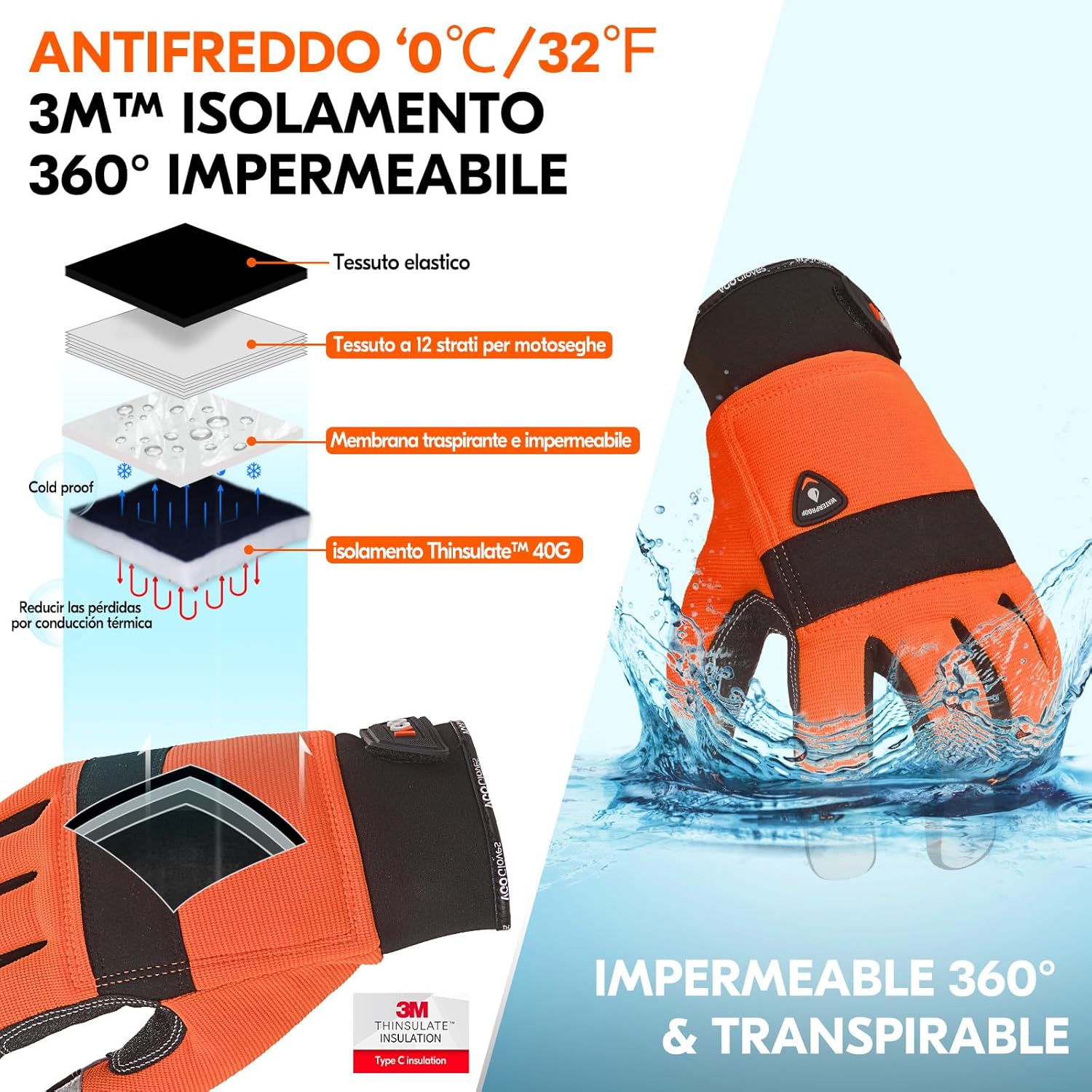 Thumbnail 1 de Vgo... Guanti per motosega impermeabili e termici con protezione antitaglio EN381-7 (taglia 8/M, arancio)