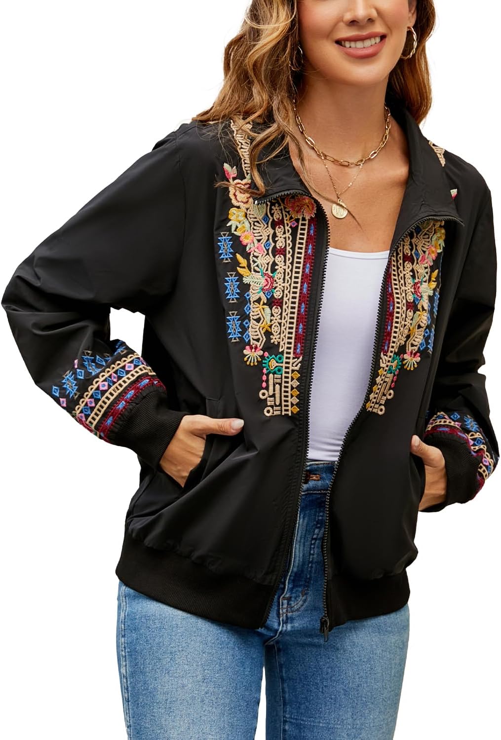 Detalle de drakloak Damen Stickerei-Jacke mit Stehkragen und Reißverschluss