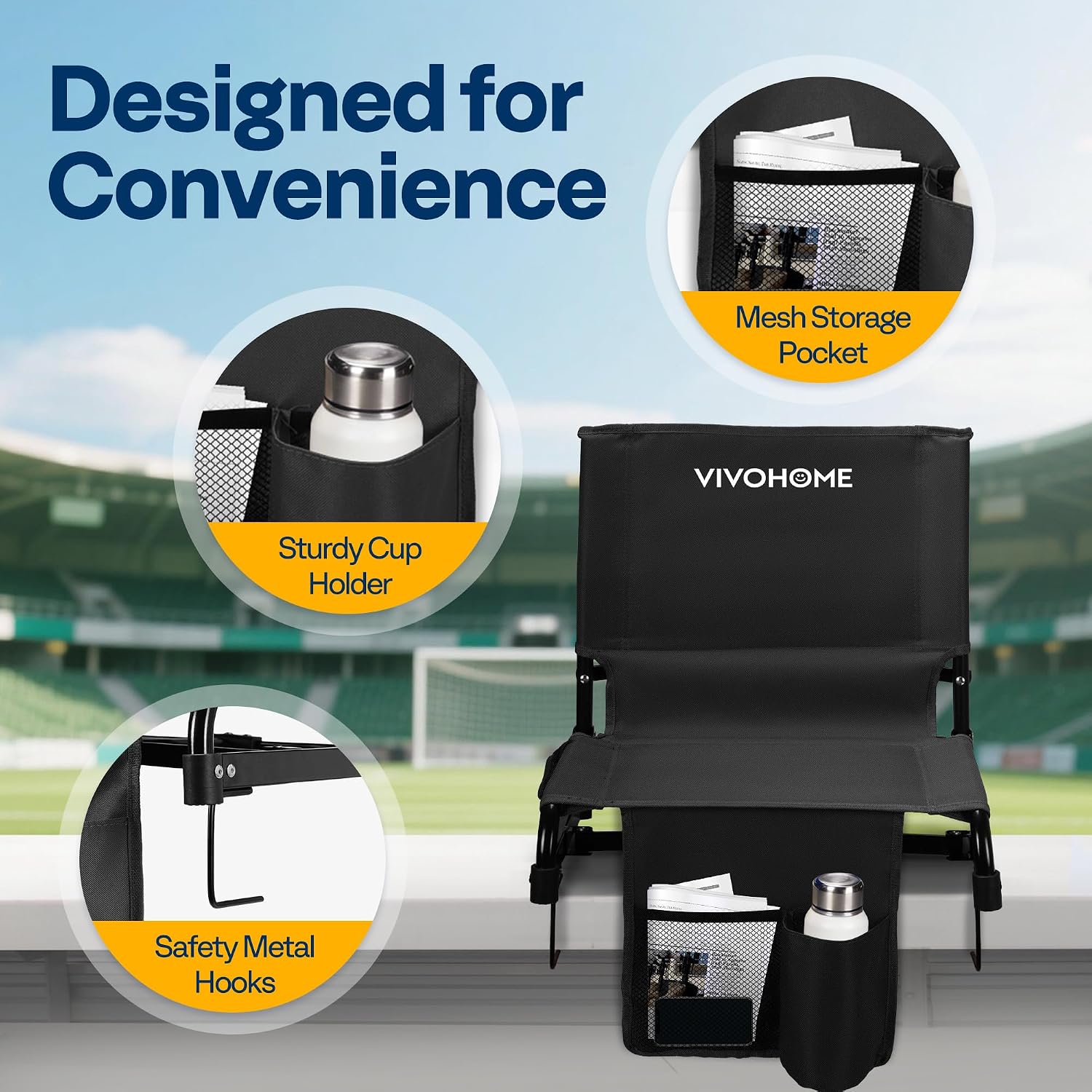 Detalle 1 de VIVOHOME VH1861-BK Folding Stadium Seats, 2-Pack with Back Support