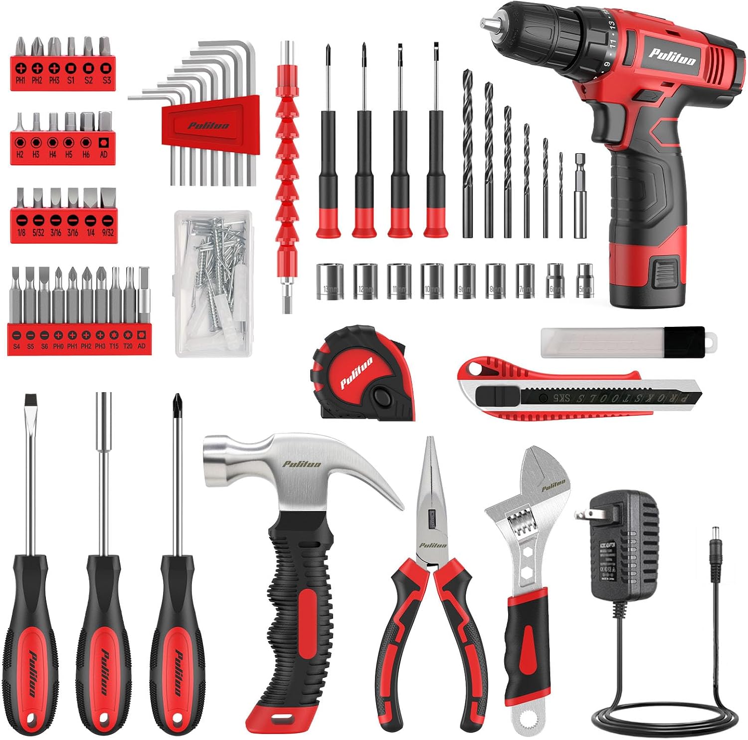 Detalle de PULITUO 149-Piece Home Drill Set with 12V Cordless Drill, LED Light and Tool Box
