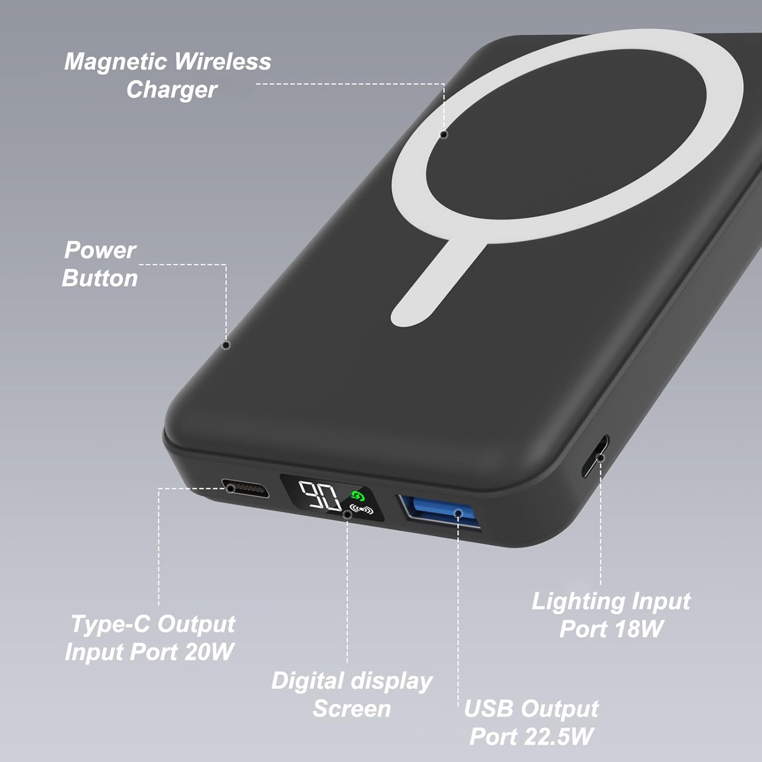 Detalle 2 de AOGUERBE 10.000 mAh kabellose Powerbank, MagSafe-kompatibel