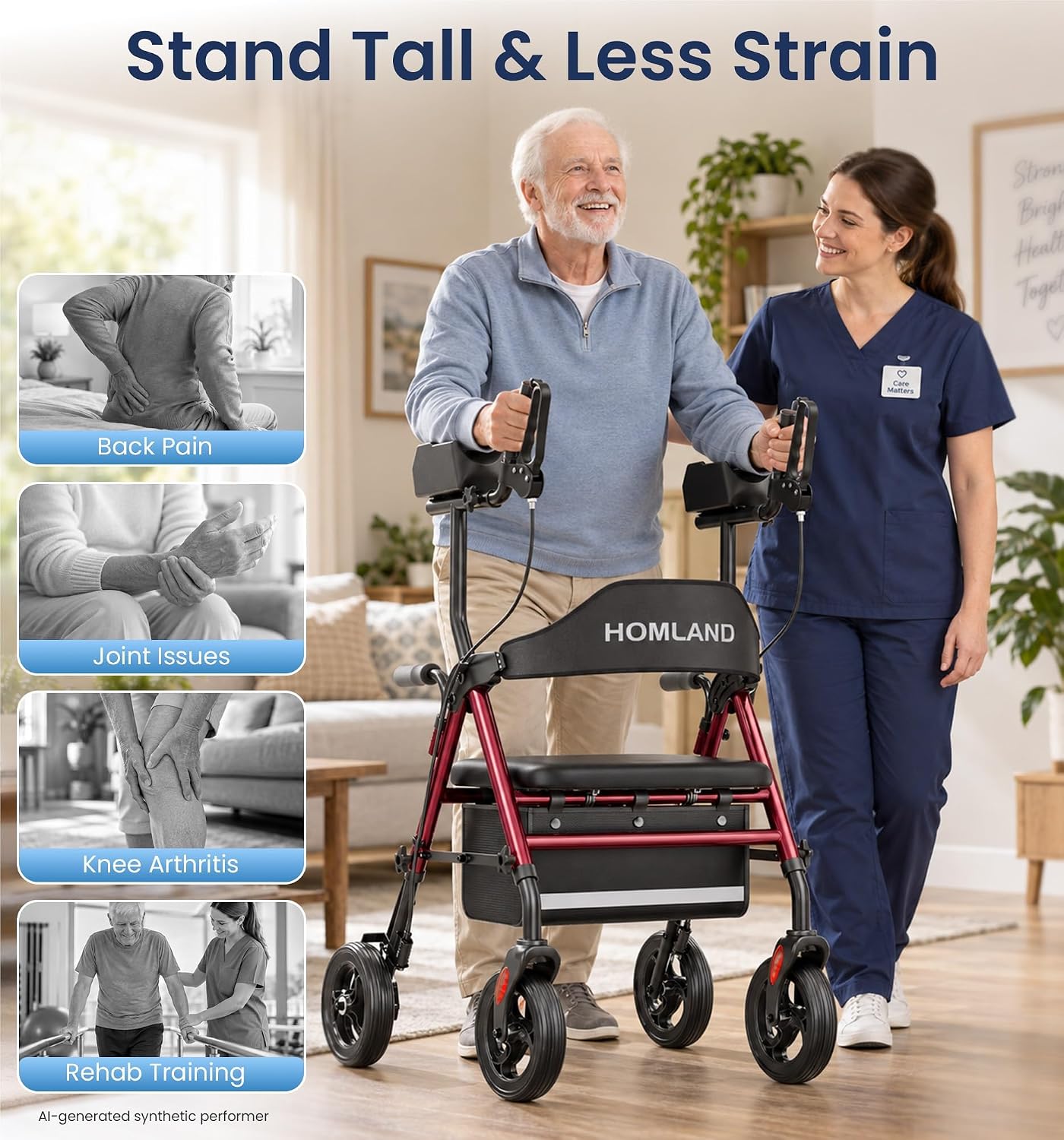Detalle de HOMLAND Upright Walker with Seat, 16-Inch Padded Seat, Adjustable Arms