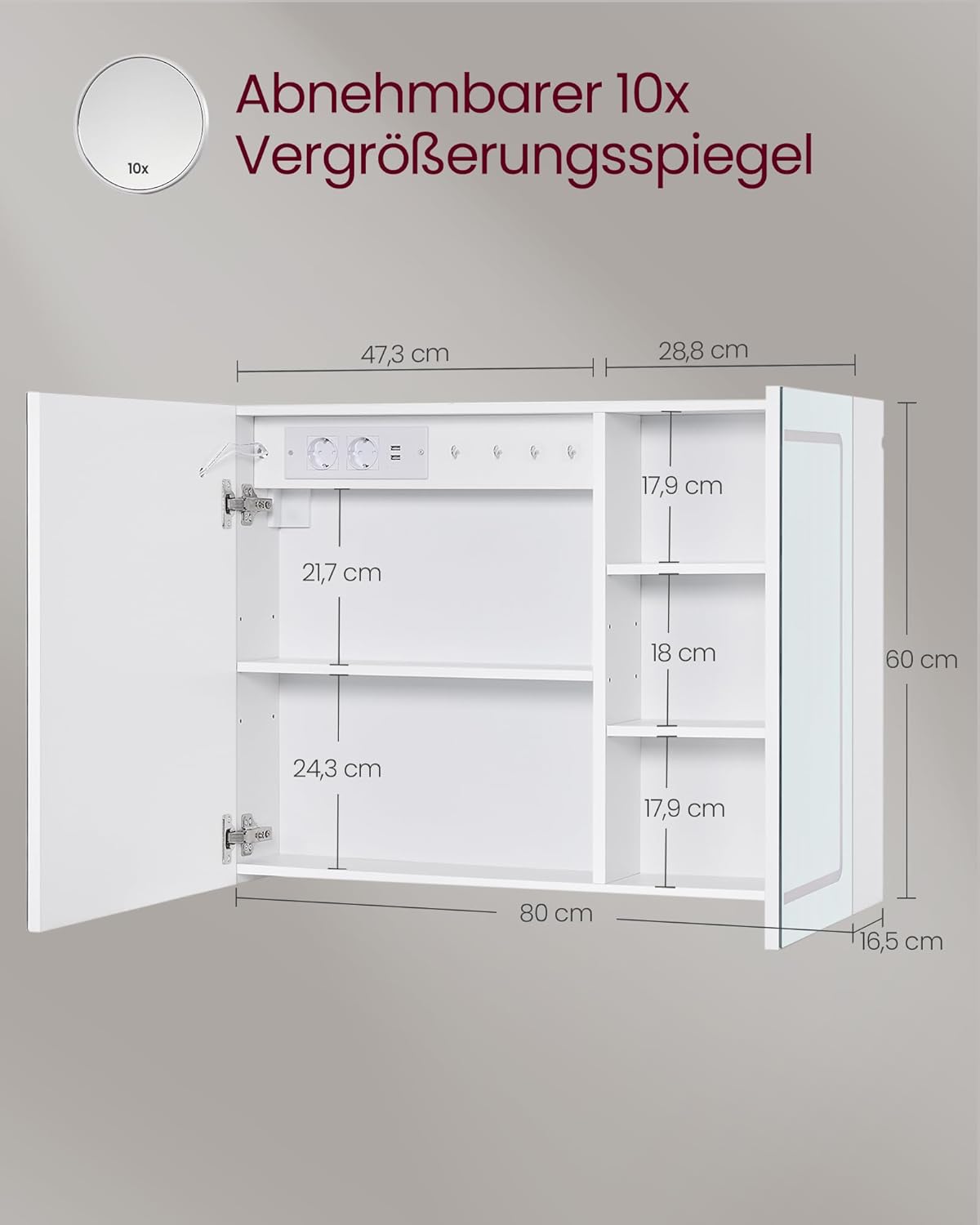 Thumbnail 1 de VASAGLE Kailyn Kollektion BBK134W01 Spiegelschrank mit Beleuchtung, 16,5 x 80 x 60 cm