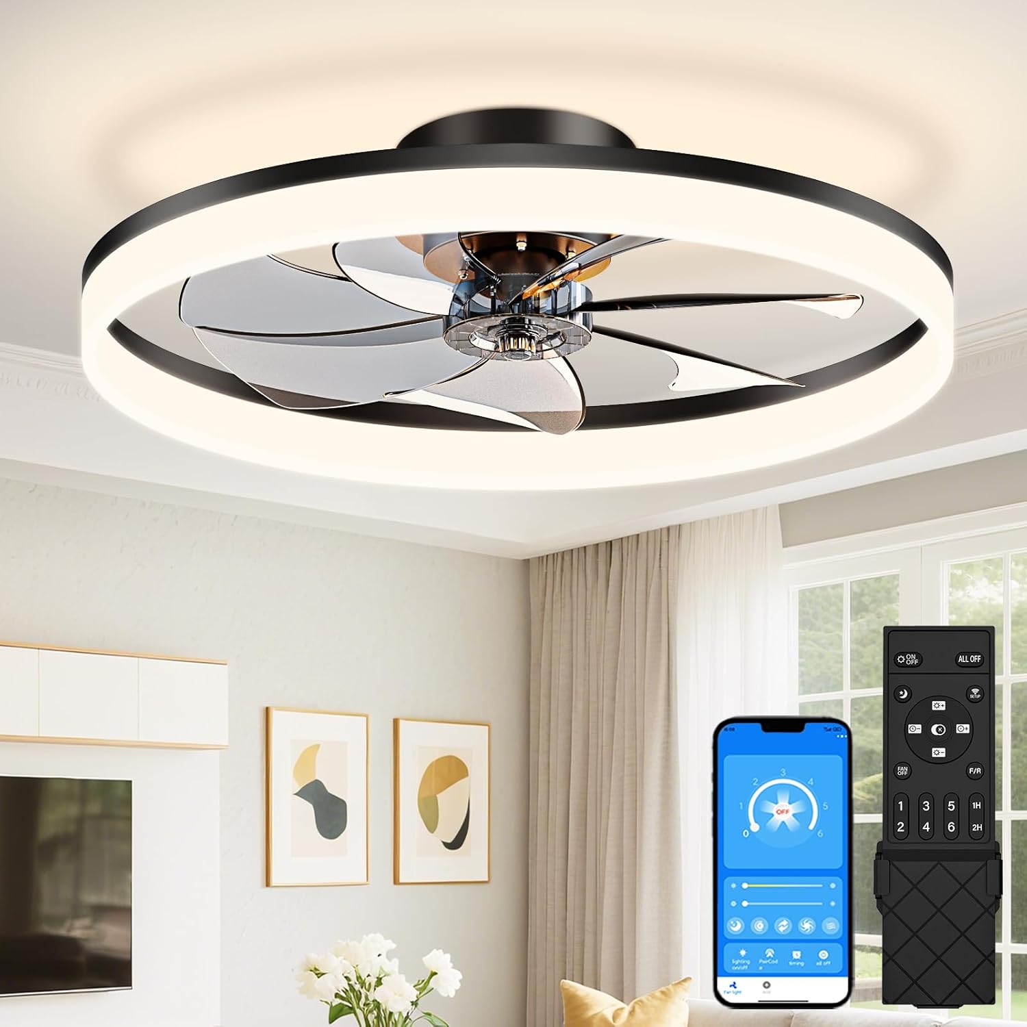 Detalle de VOLISUN 8225C-700 Low-Profile Bladeless Ceiling Fan with Light, 27.6-Inch