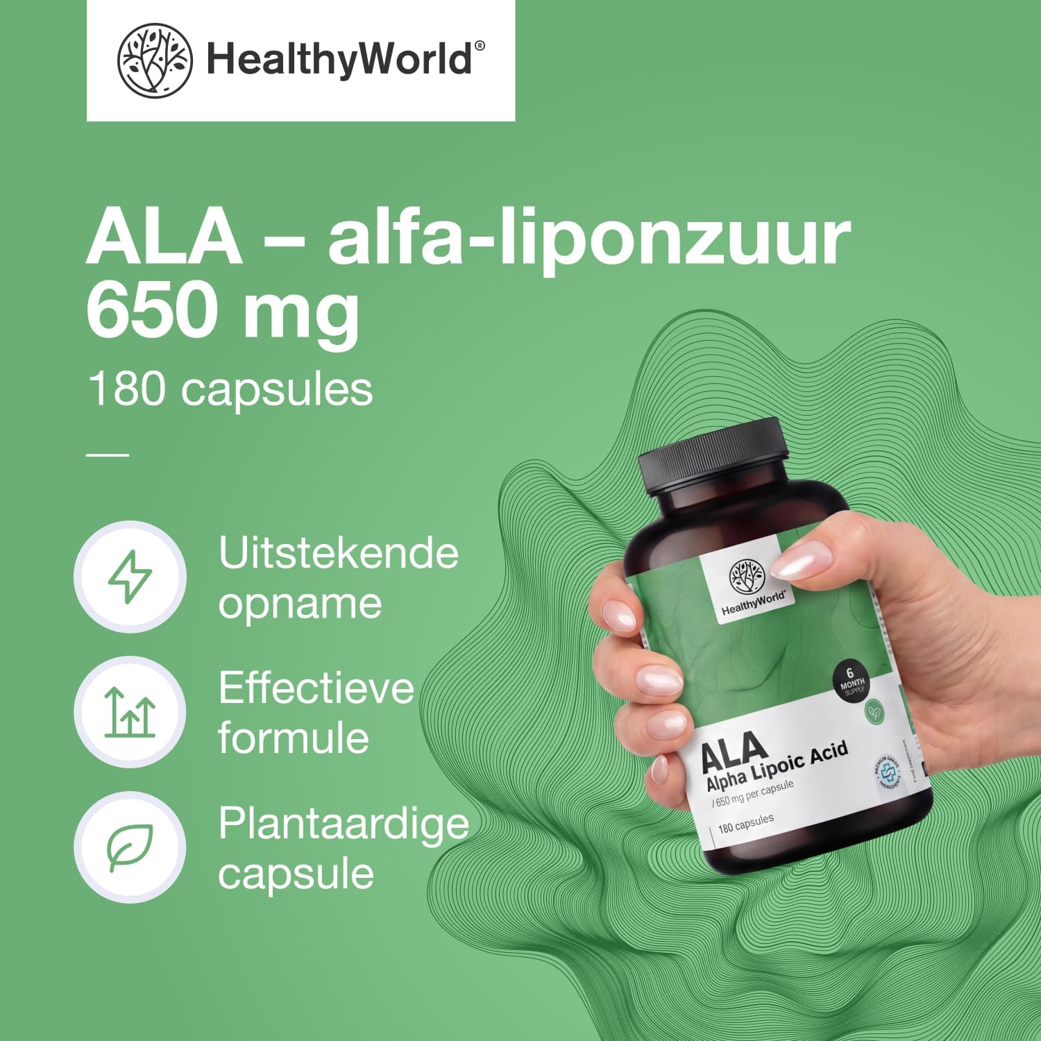 Detalle de HealthyWorld ALA 650 mg alfa-liponzuur, 180 plantaardige capsules