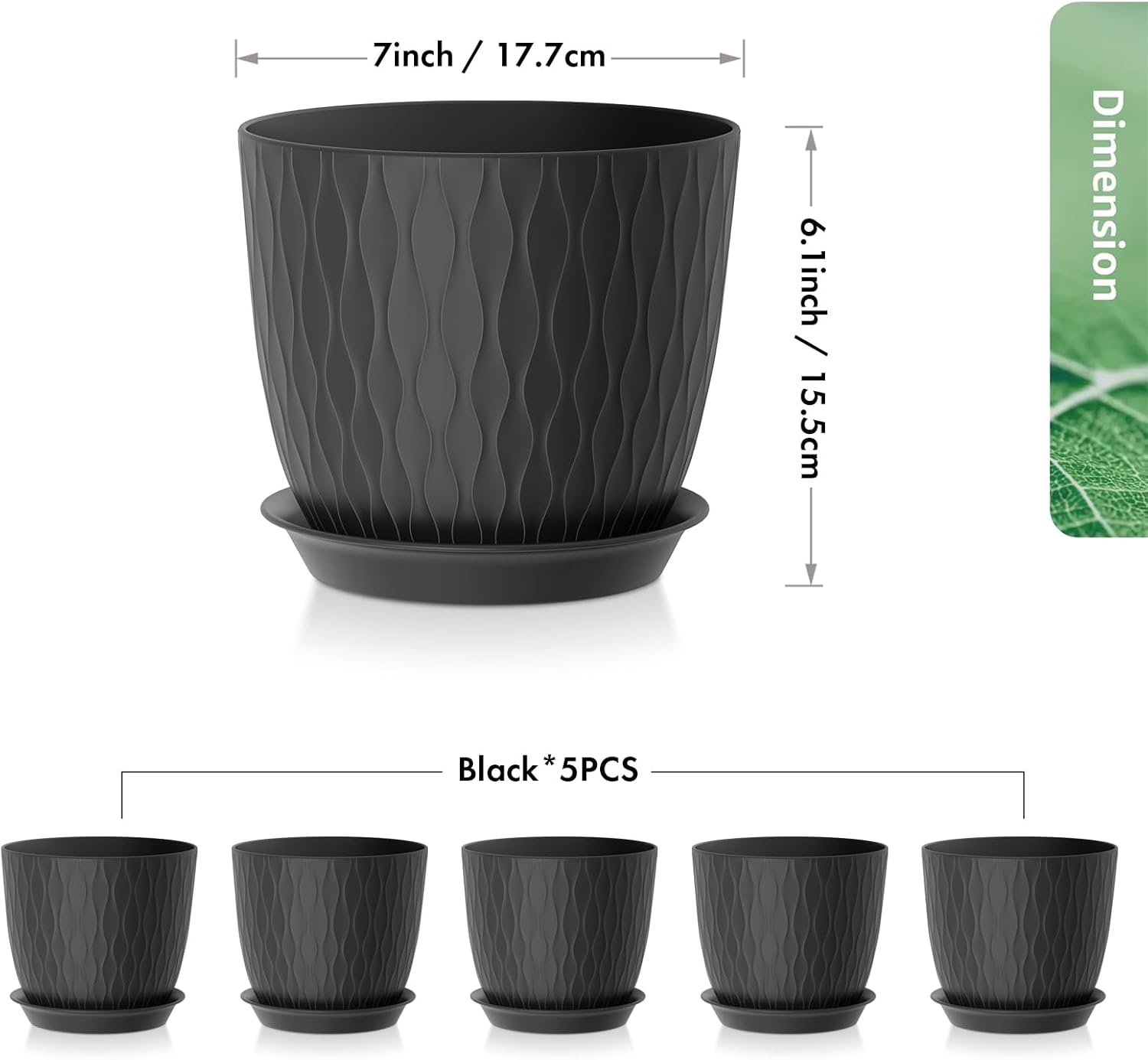 Thumbnail 3 de 17cm Indoor Plant Pots (5-Pack) – Plastic Planters with Drainage Holes and Saucer, Black with Decorative Stripe Grooves
