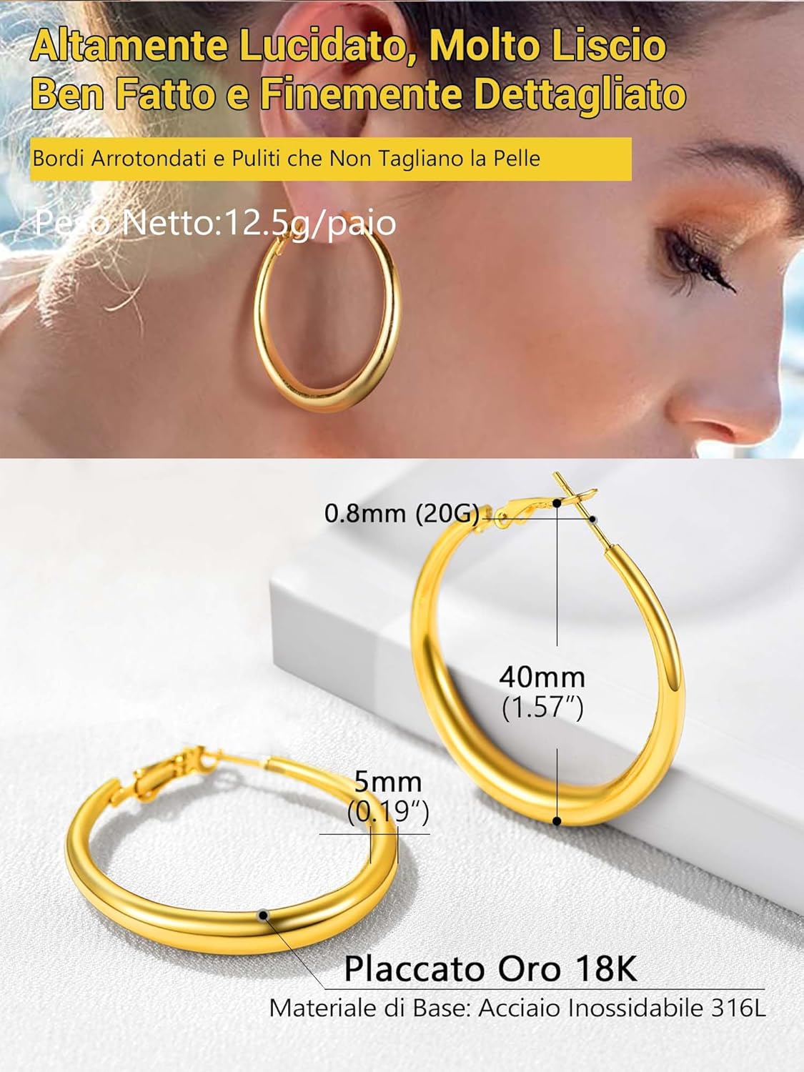 Thumbnail 4 de Orecchini cerchio PROSTEEL in acciaio inox chirurgico 316L, 40/60/80 mm con confezione regalo