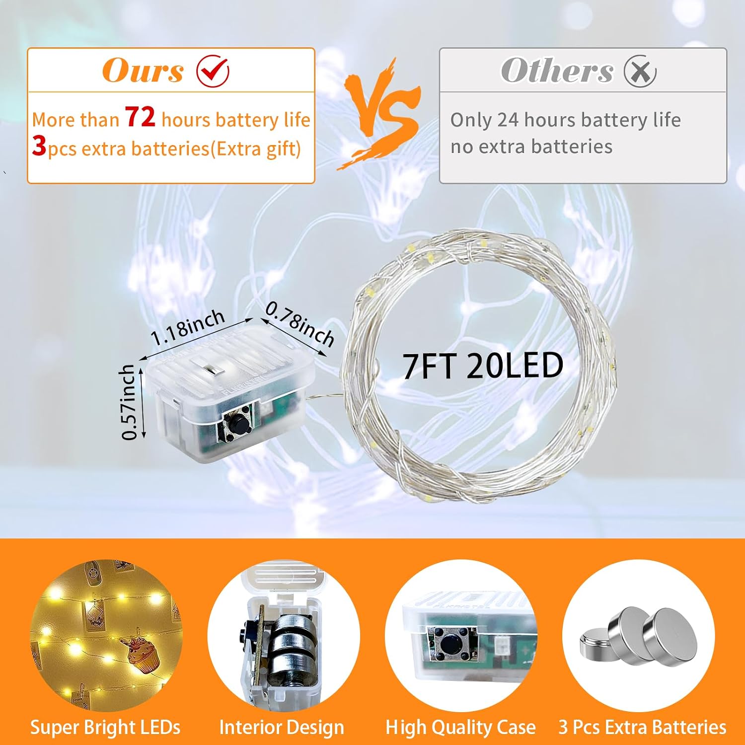 Detalle de chzk D11-UG-V8A4 Fairy Lights, 7 ft, 20 Orange LEDs, 3 Lighting Modes