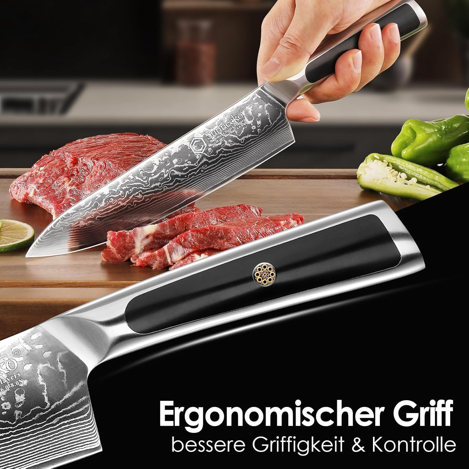 Thumbnail 4 de Sunnecko Damastmesser 20 cm – Kochmesser aus 67‑Lagigem Damaststahl mit VG-10 Kern und ergonomischem Griff