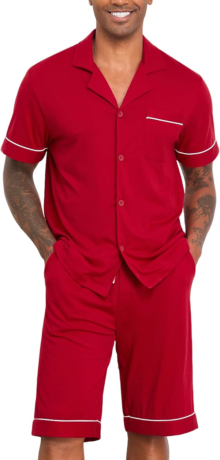 Detalle 2 de COLORFULLEAF Men’s Cotton Pajama Set with Pockets Notched Collar