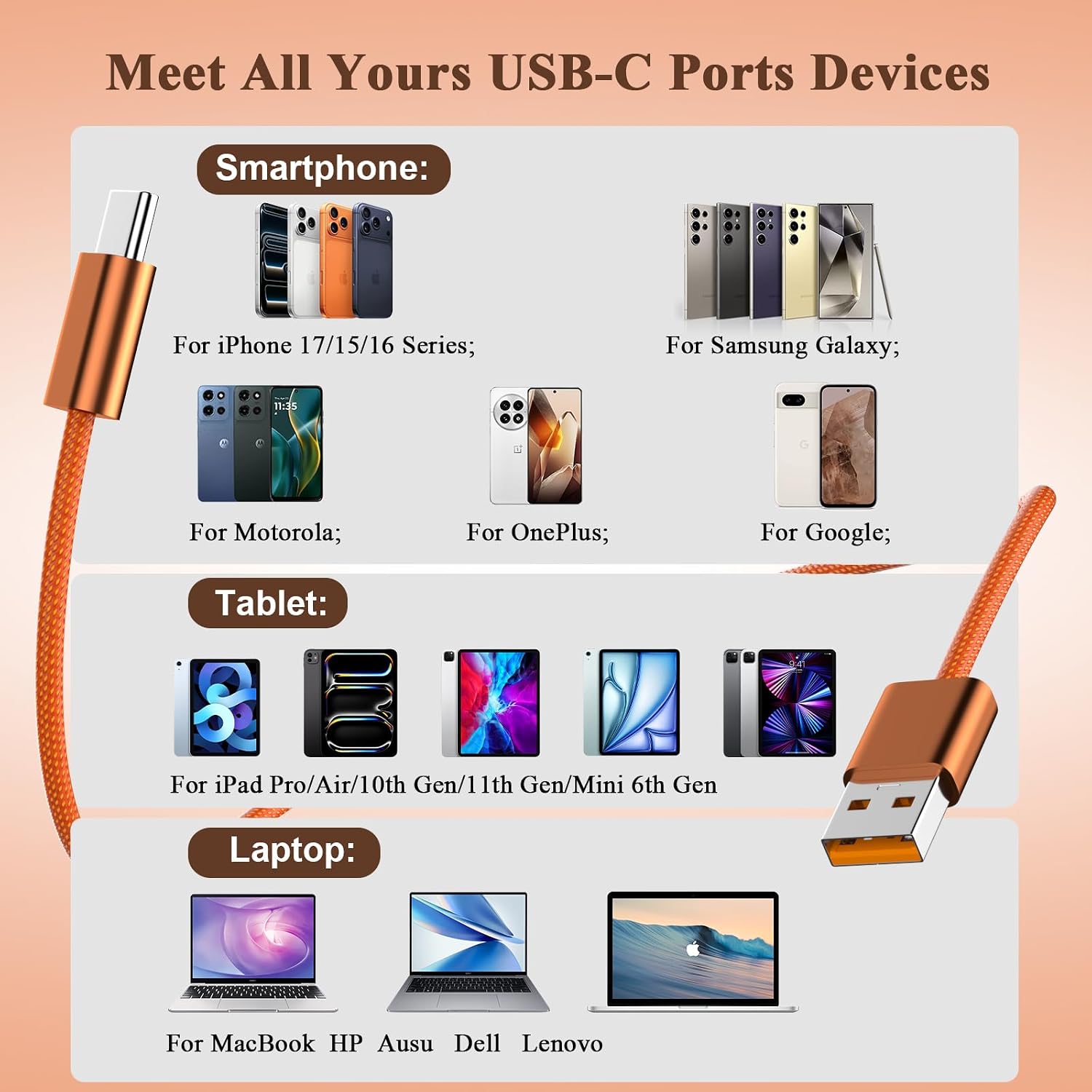Detalle de 6ft USB A to USB C fast charging cable