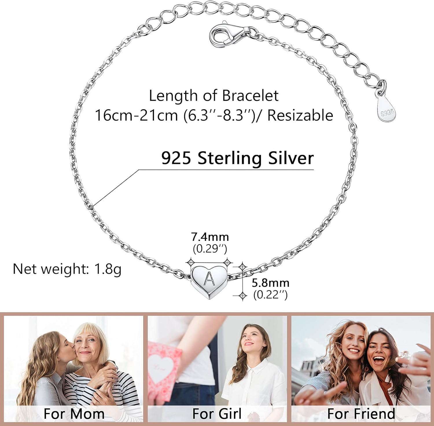 Detalle de PROSILVER Women Sterling Silver Heart Initial Bracelet with S925 Stamp – Adjustable A to Z Alphabet Jewellery