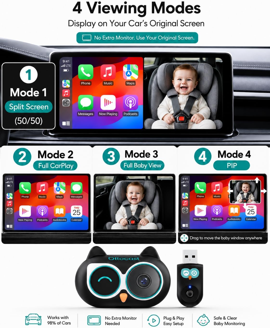 Detalle 2 de OTTOCAST Baby Car Camera for Wired CarPlay, 1080p, 150° View