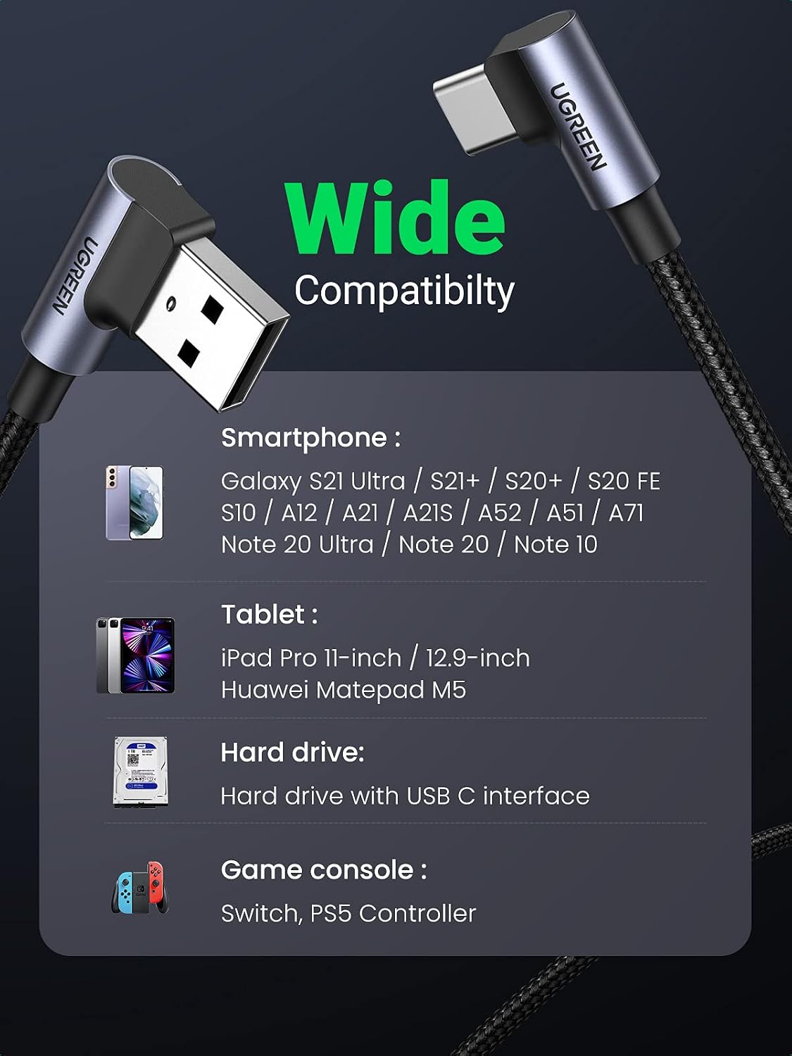 Detalle 1 de UGREEN 20857 USB-A to USB-C Cable, 2m Nylon Braided, 90° Connector