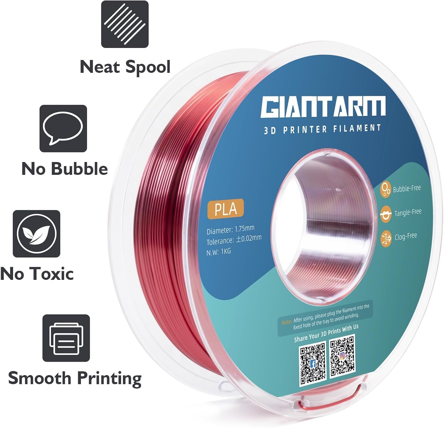 Thumbnail 2 de GIANTARM Dual Silk PLA Filament 1,75 mm (1 kg, Rot/Schwarz) – seidenes 2‑Farben-PLA für glänzende Drucke