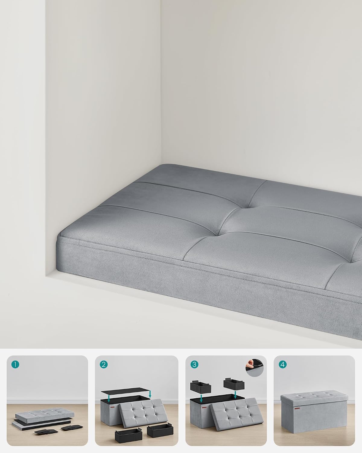 Detalle 2 de SONGMICS LSF247G02 vikbar förvaringsbänk i sammet, 89 liter