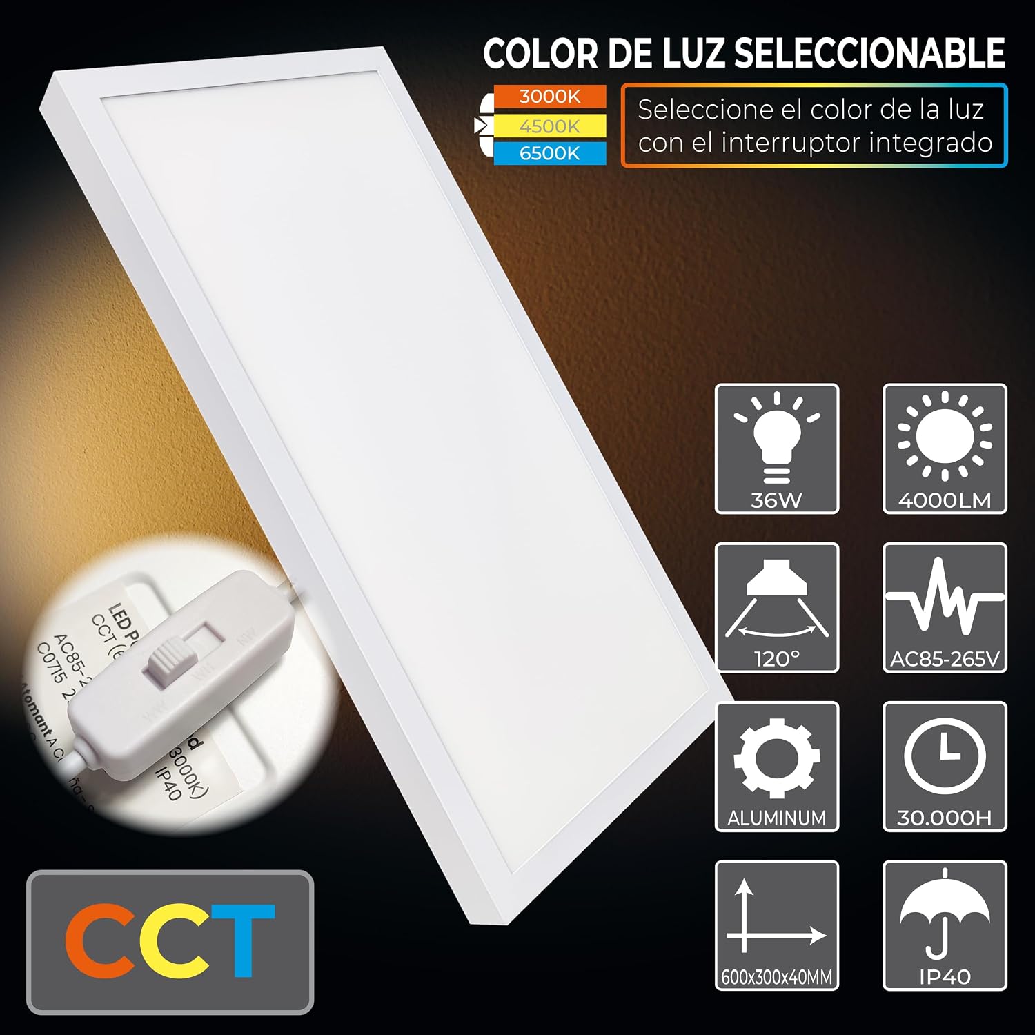 Detalle 2 de LED ATOMANT panel sufitowy LED 60 × 30 cm, 36 W, CCT, 4000 lm