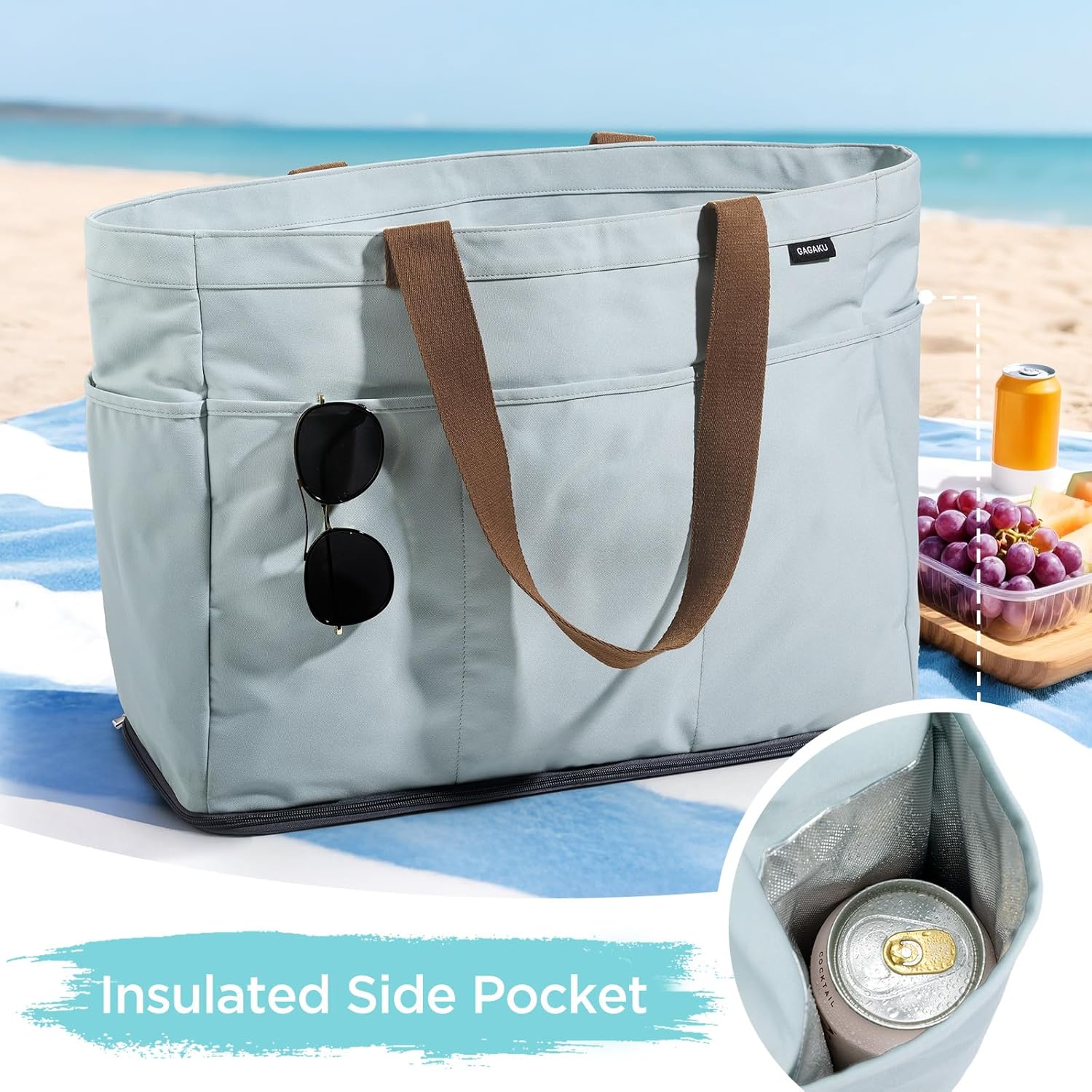 Detalle de GAGAKU Sac de plage XXL avec compartiment isotherme et grande capacité – bleu