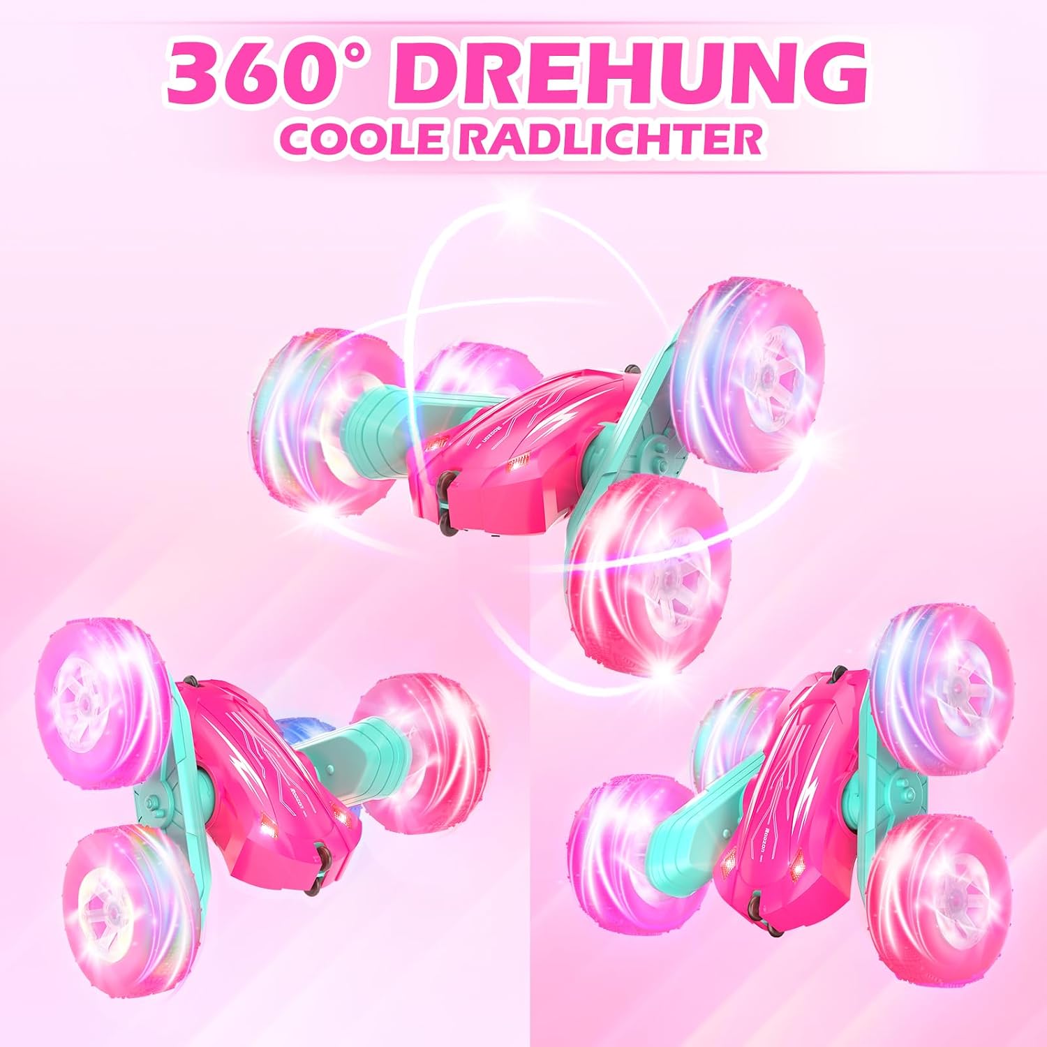 Detalle de Rodzon Ferngesteuertes Auto Crawler 4WD Rosa – LED-Licht, 360° Flip, 2x Aufladebatterien