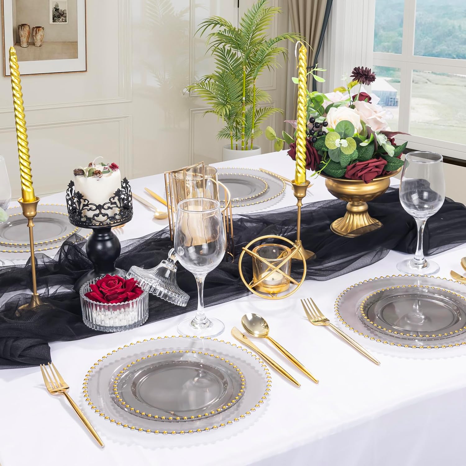 Thumbnail 4 de EI 60pcs Clear Black and Gold Plastic Plates: Heavy-Duty 10" Dinner & 7" Dessert Set